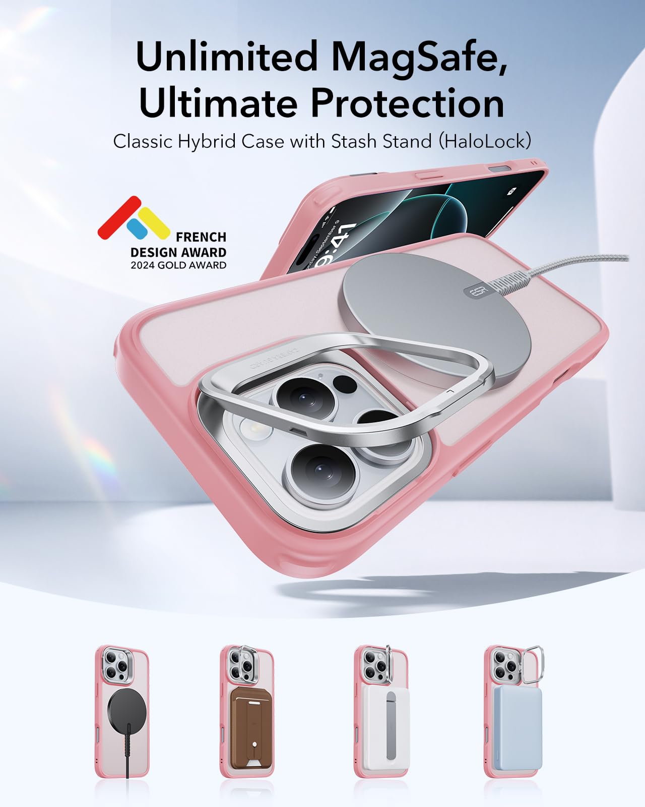ESR iPhone 16 Pro Max Case with MagSafe Compatibility | Military-Grade Protection & Built-in Stash Stand | Scratch-Resistant Frosted Pink Back Cover | Perfect for Work, Travel & Everyday Use