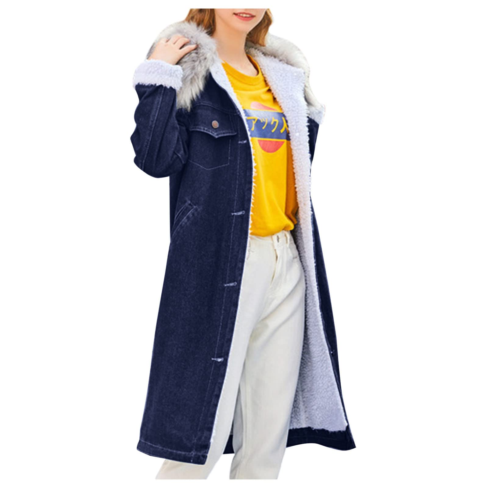 Women's Zip-Up Fleece Mid-Length Coat - Loose Fit Casual Denim Jacket with Large Collar & Cotton Padding - Winter Lamb Wool Outerwear for Daily Wear, Office & Outdoor Activities