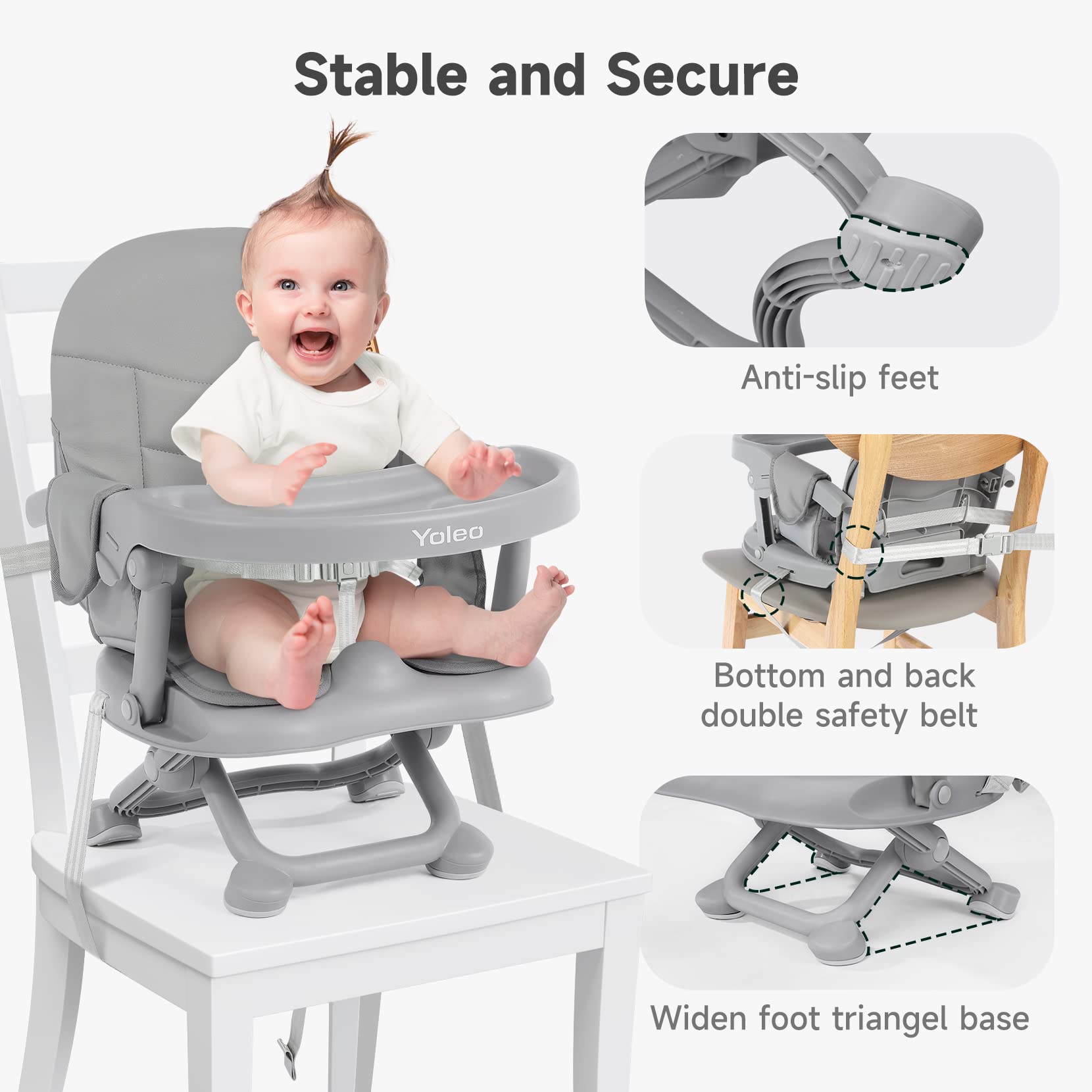 YOLEO Adjustable Baby High Chair Booster Seat for Dining Table - Portable Toddler Travel High Chair with Removable Tray & Washable Cushion - Foldable Design for Home & Restaurant Use (Grey)