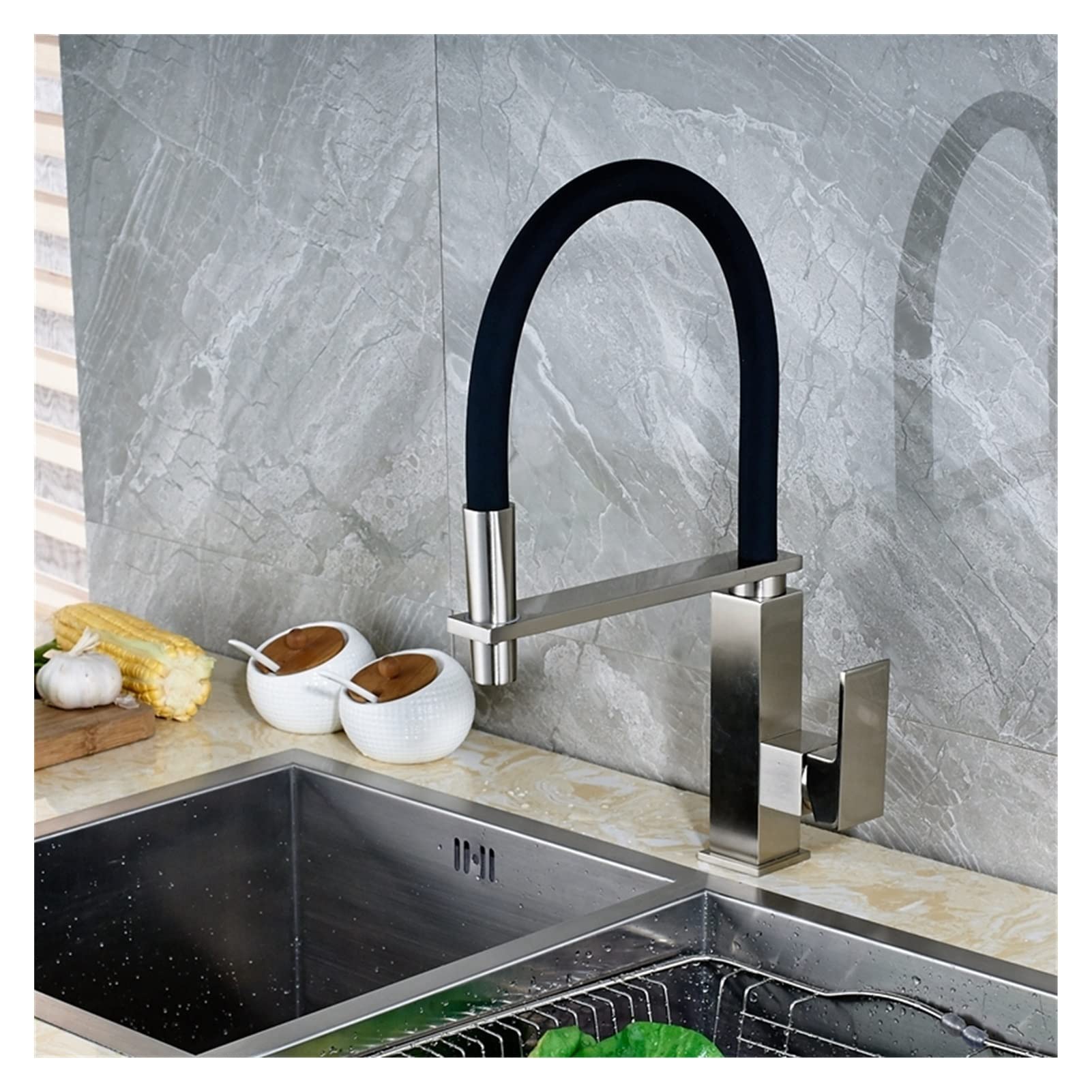 Brushed Nickel Modern Kitchen Faucet - Single Handle Deck Mount Pull Down Sprayer with Swivel Spout for Easy Cleaning - Perfect for Small Kitchens & Gifts