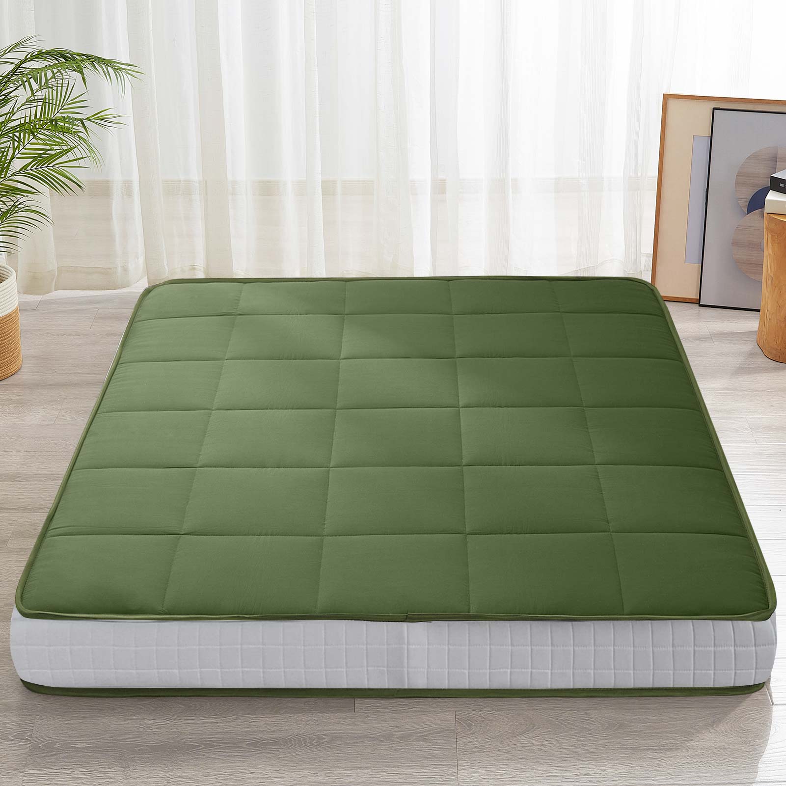 MAXYOYO 6-Inch Extra Thick Square Floor Futon Mattress - Foldable Memory Foam Topper Pad for Guest Bed, Dorm Room & Camping (Green)