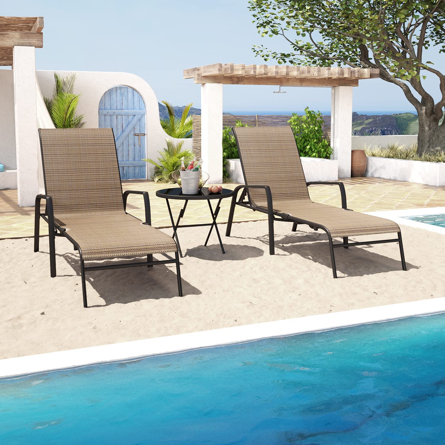 Devoko 3-Piece Patio Chaise Lounge Set with Adjustable Backrest & Tempered Glass Coffee Table - Outdoor Furniture for Poolside, Beach, Backyard & Garden Relaxation (Beige) | Perfect for Sunbathing, Lounging & Outdoor Entertaining