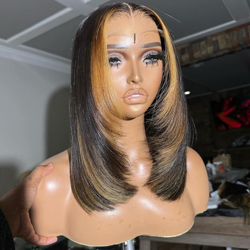 Eullair Layered Cut Short Glueless Human Hair Bob Wig - Brown Highlight Pre Cut 4x4 5x5 Straight Skunk Stripe | Perfect for Cosplay, Daily Wear & Fashion Styling