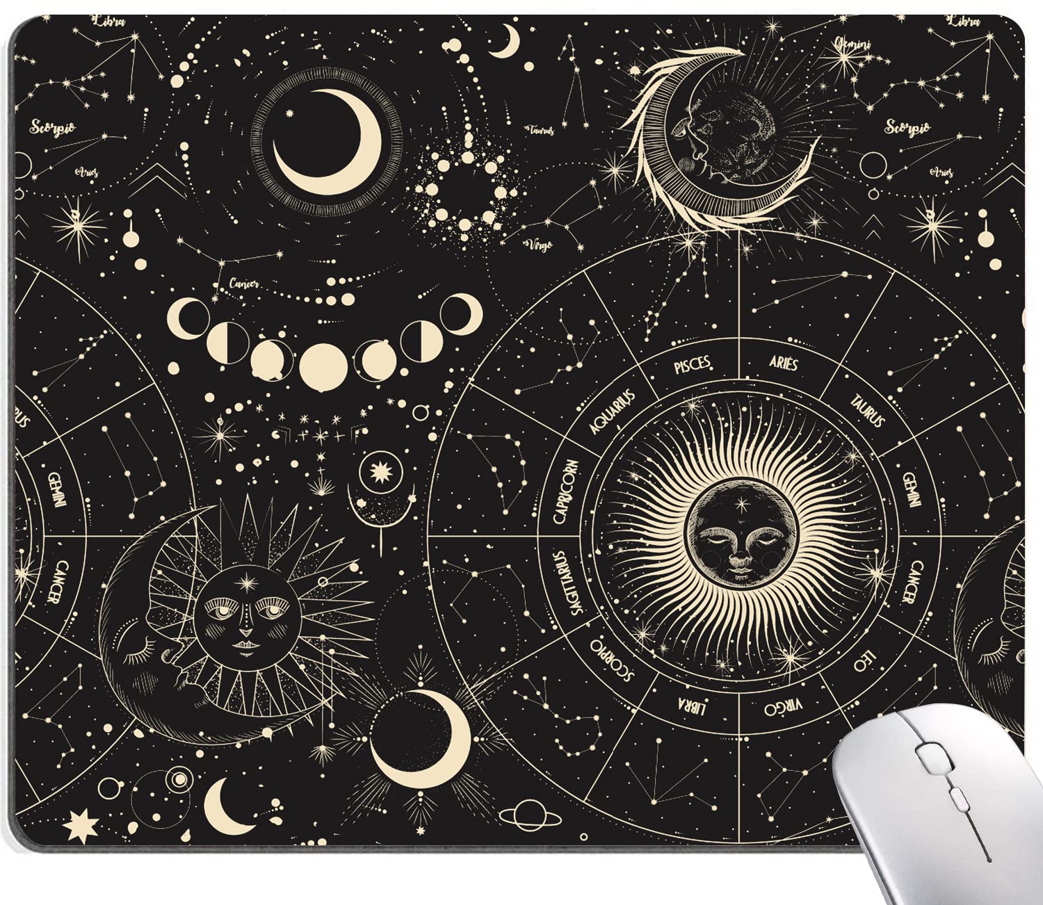 Premium Gaming Mouse Pad - Black Moon & Sun Design, Non-Slip Rubber Base, Washable Cloth Surface for Office & Laptop Use - Perfect for Wireless Mouse, PC Gaming & Work Desk Setup (12