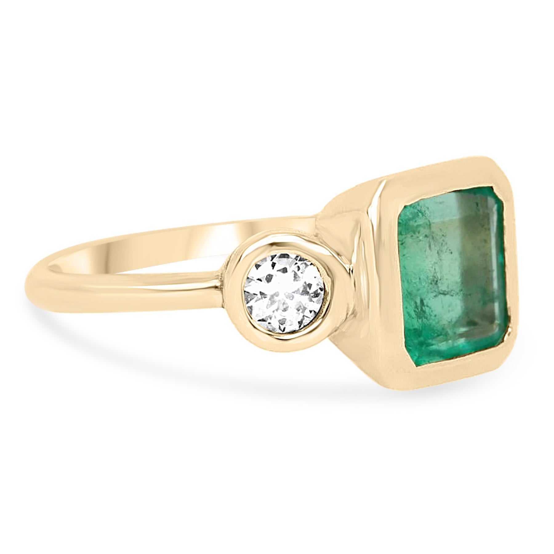 3.25tcw Three Stone Emerald & Diamond Ring in 14K Gold - Thick Bezel Setting for Engagement, Wedding, Anniversary & Special Occasions