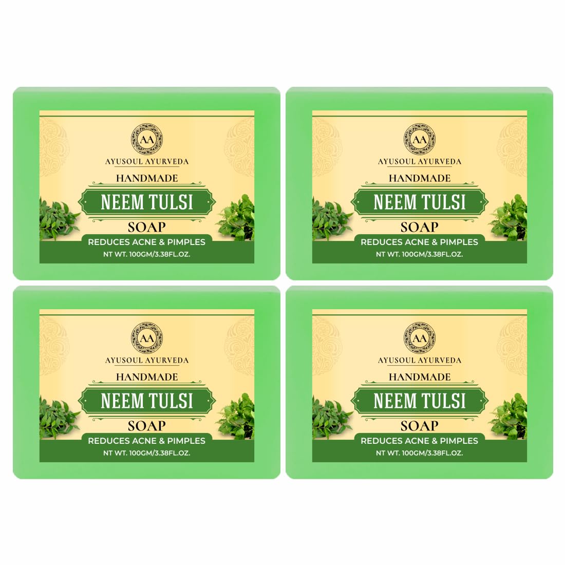 Ayusoul Ayurvedic Herbal Neem Tulsi Bath Soap - Natural Skin Soothing Cleansing Bar, Pack of 4 | Gentle Exfoliation for Dry & Sensitive Skin | Perfect for Daily Use & Spa Relaxation