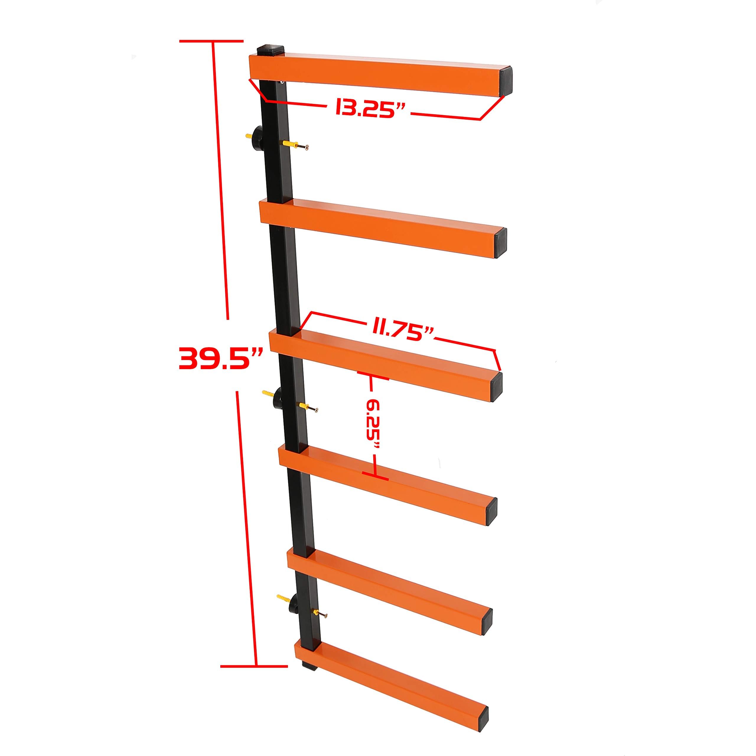 ECOTRIC Heavy Duty 6-Tier Wall Mount Lumber Rack - 600 lbs Capacity Metal Wood Storage Shelf Organizer for Indoor & Outdoor Use (Orange) - Perfect for Garage, Workshop, and Backyard Lumber Organization
