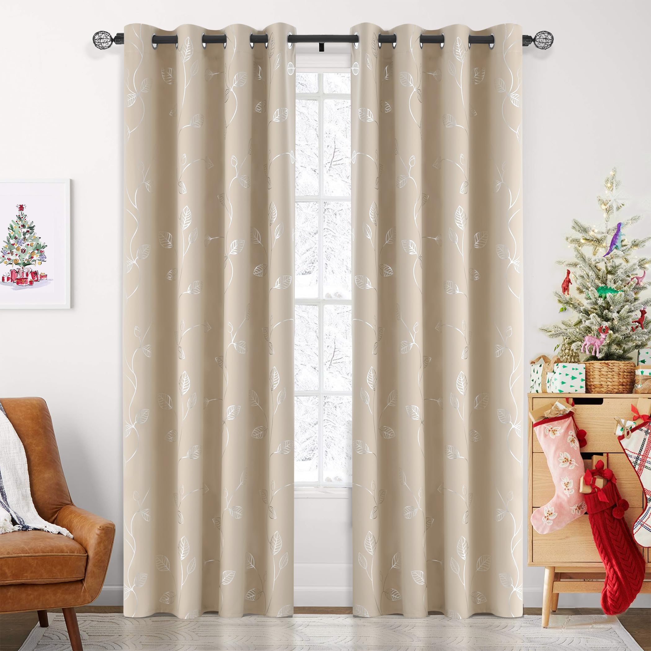 BUHUA 52 x 84 Inch Blackout Curtains for Bedroom - Beige Leaf Pattern Thermal Insulated Window Drapes (Set of 2 Panels) | Noise Reducing & Energy Saving for Home, Nursery & Living Room