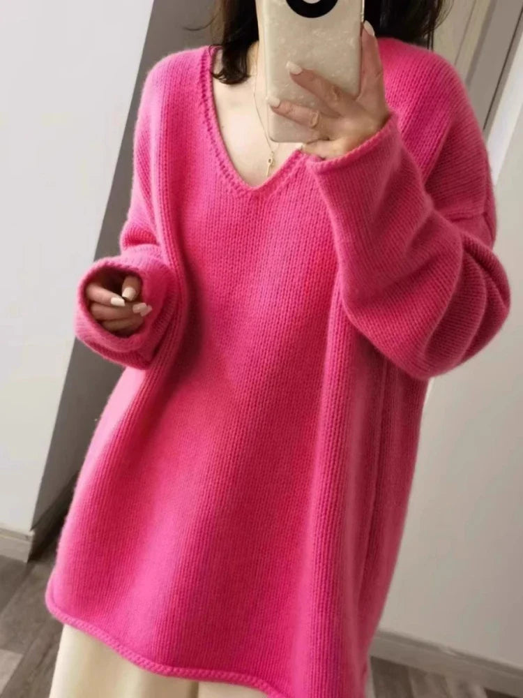 100% Pure Wool Loose V-Neck Sweater for Women - Soft Knitted Pullover Long Sleeve Top (Medium/Large Size) | Cozy Winter Fashion, Korean Style Casual Wear for Office & Date Nights