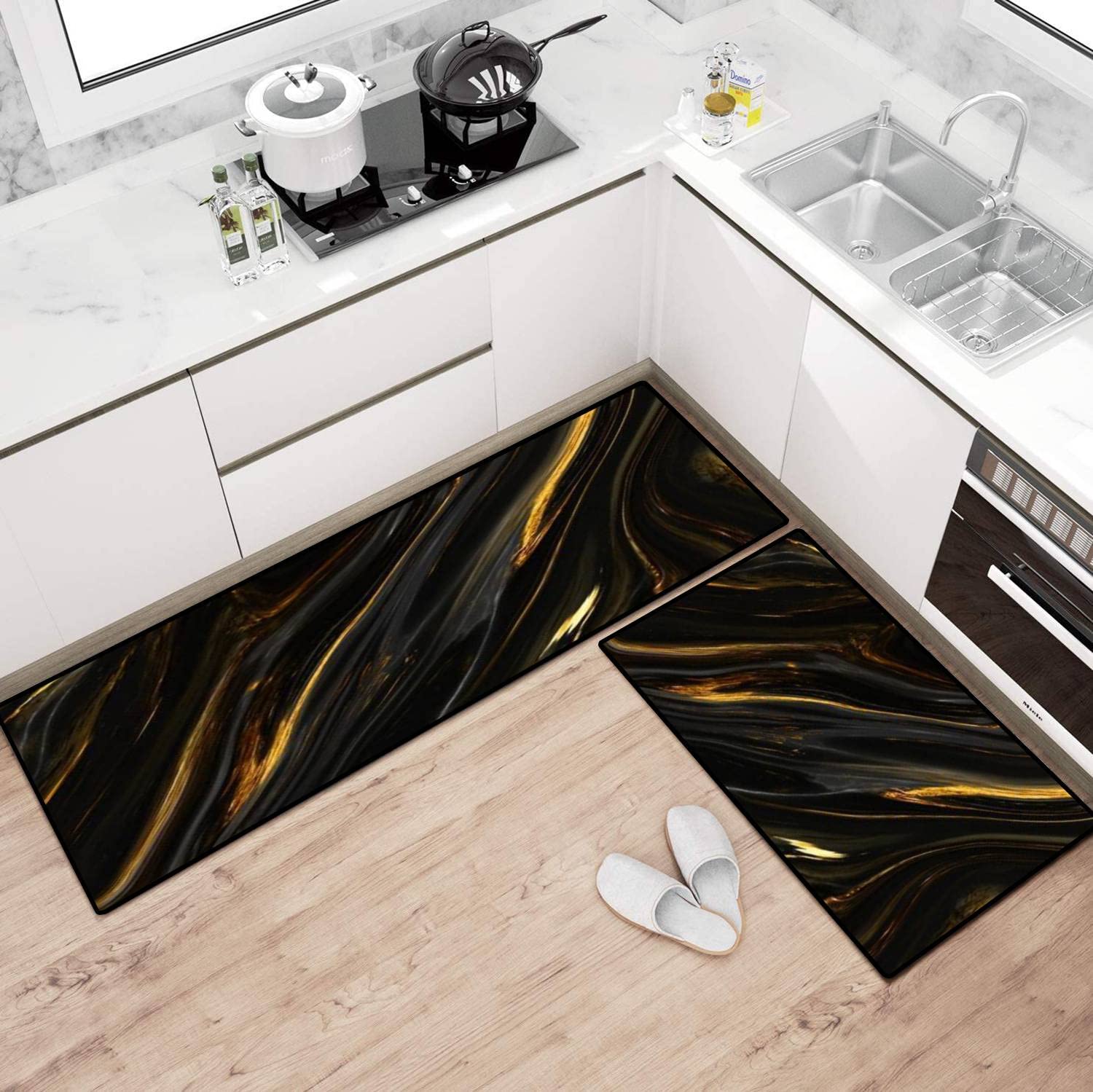 Non-Slip Washable Kitchen Rugs Set - Monocolor Alcohol Ink Design for Floor Decor & Comfort Standing