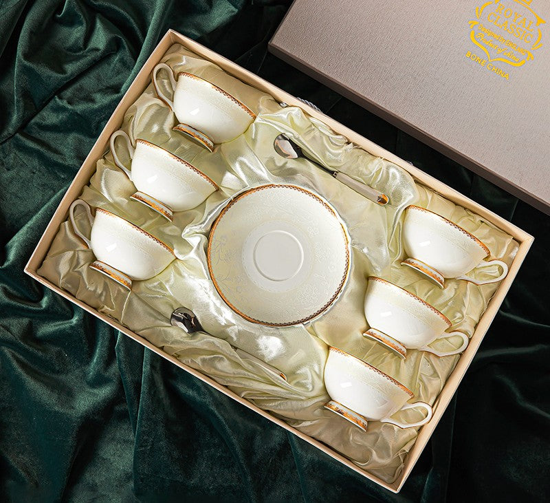 Premium Bone China Porcelain Coffee Cup Set - 6-Piece White Ceramic Tea Cups with Saucers, Elegant British-Style Tea Set in Luxury Gift Box - Perfect for Afternoon Tea, Gifts & Home Decor