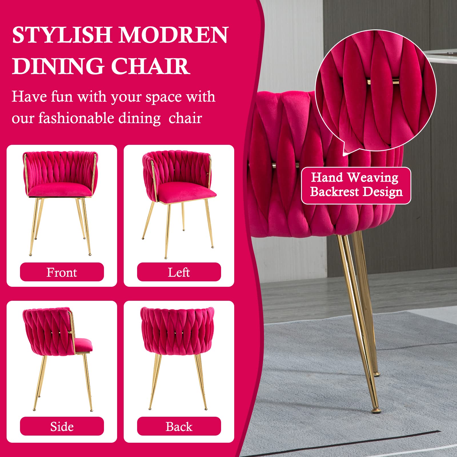 NIOIIKIT Modern Velvet Dining Chairs Set of 2 - Handwoven Upholstered Accent Chairs with Golden Metal Legs for Living Room, Dining Room, Kitchen & Vanity - Soft Rosered Velvet for Elegant Home Decor & Entertaining