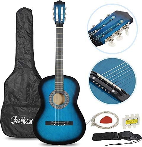 38-inch Kids Beginner Wood Acoustic Guitar Right-Handed with Pitch Pipe, Gig Bag, Extra Nylon Strings & Pick - Perfect for Kids, Girls, Boys & Beginners (Blue) - Ideal for Music Lessons, Home Practice & Gift Giving