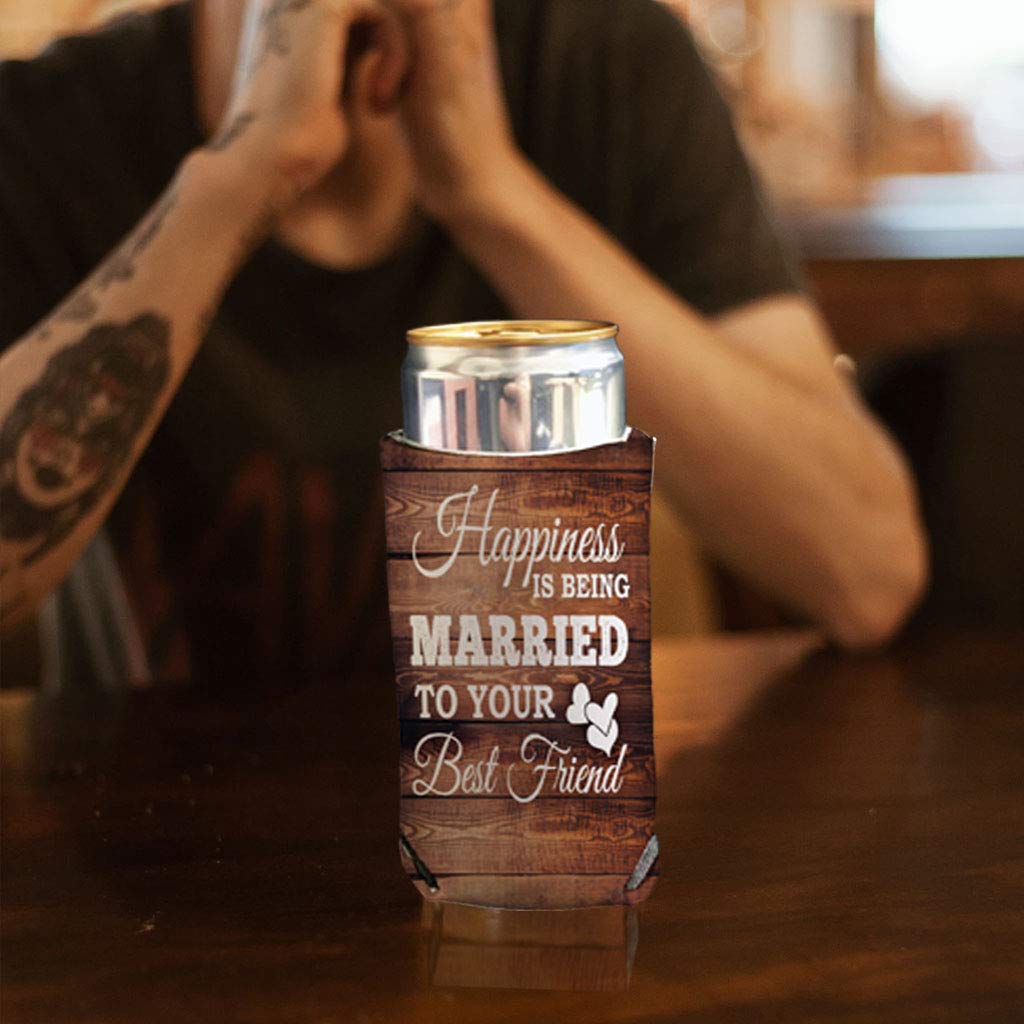 VictoryStore Slim Can Coolers - 'Happiness is Being Married to Your Best Friend' Wedding Design Insulated Beverage Sleeves - Perfect for Bridal Showers, Bachelorette Parties & Anniversary Celebrations