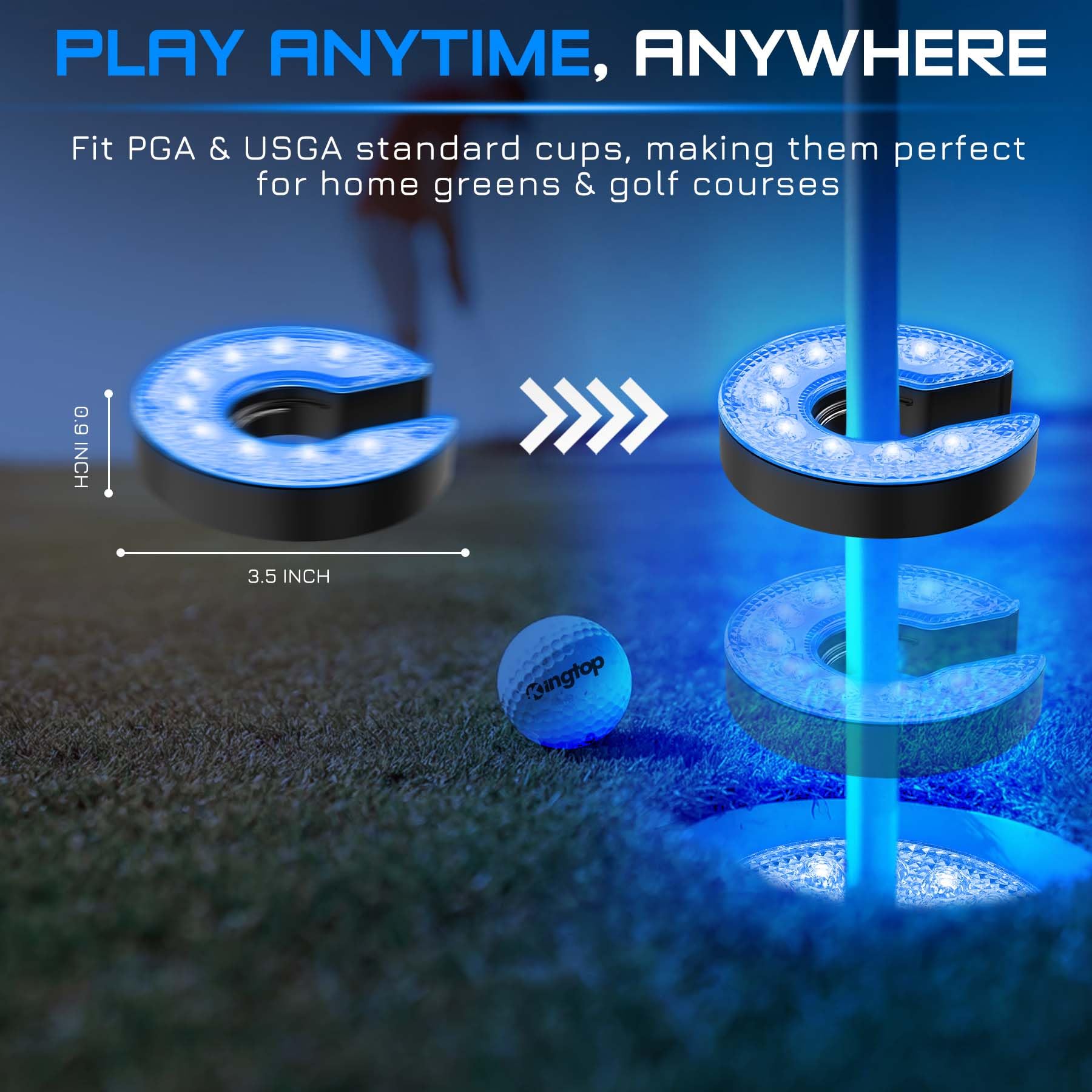 KINGTOP LED Golf Hole Light with Anti-Glare Lens - Battery Operated Glow in The Dark Putting Cup Lights for Night Golf, Backyard Practice, Indoor Putting Green & Golf Party Decorations | Perfect for Outdoor Night Play, Home Practice & Themed Events