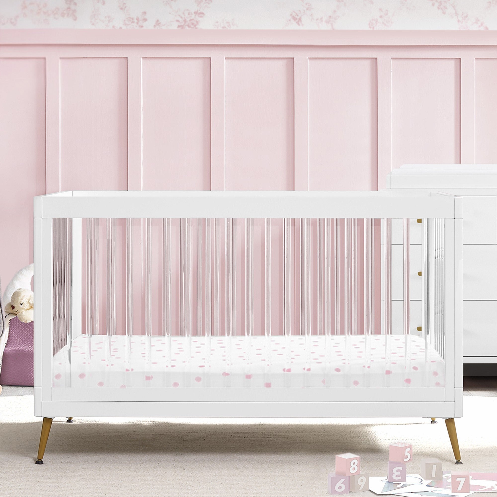 Sloane 4-in-1 Convertible Acrylic Baby Crib - Modern Nursery Furniture for Newborn to Toddler Bed | Perfect for Small Spaces & Stylish Nurseries