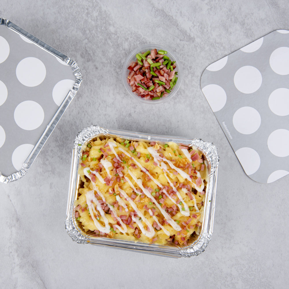 12 oz Rectangle Silver Aluminum Takeout Containers with Polka Dot Paper Lids - 5.75