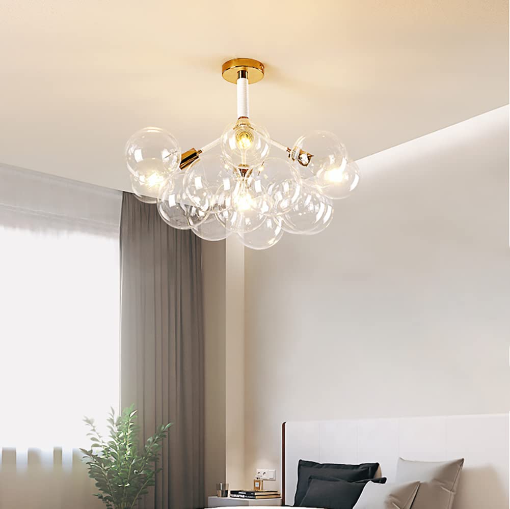 Aeyee Modern Flush Mount Ceiling Light with Clear Glass Shade - 3-Light Gold Chandelier for Dining Room, Living Room, Bedroom, or Entryway - Elegant Bubble Globe Lighting Fixture for Home Decor
