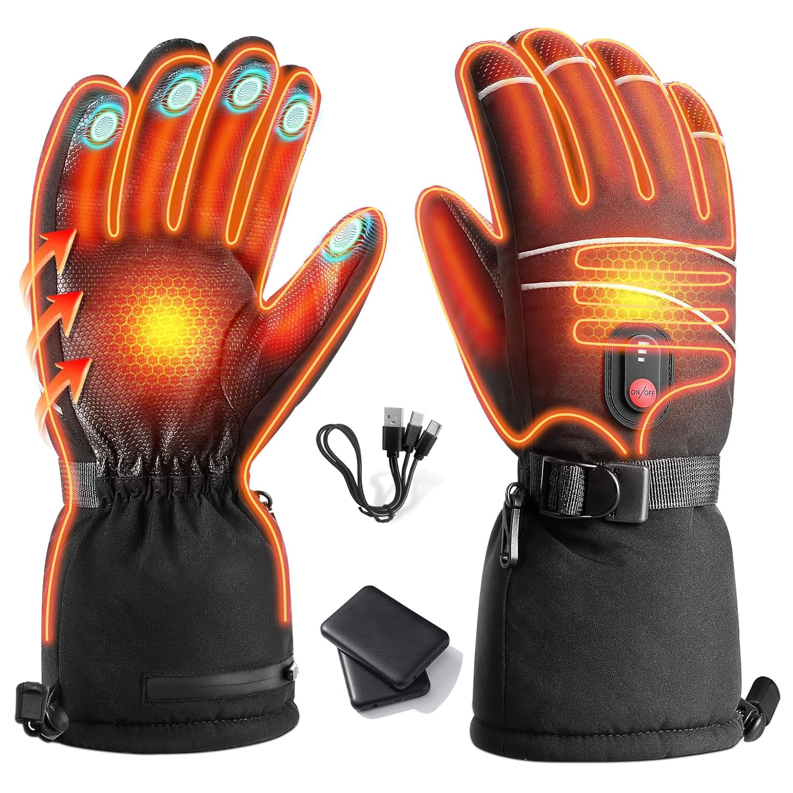 Rechargeable 5000mAh Battery Heated Gloves for Men & Women - Waterproof Electric Ski Gloves with 3 Heating Levels, Touchscreen Compatible Winter Gloves for Skiing, Hunting, Cycling, Motorcycle Riding & Outdoor Activities