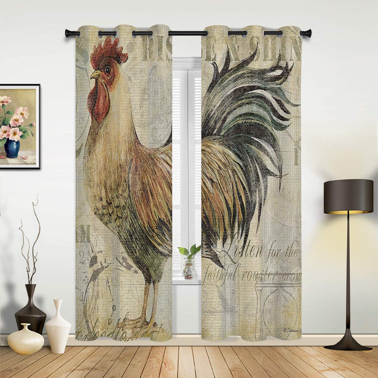 Blackout Thermal Insulated Window Curtains 52x84 Inch - Vintage Rooster Chicken Cock Farmhouse Design, 2 Panel Set for Bedroom, Living Room & Home Decor | Perfect for Light Blocking, Privacy & Temperature Control