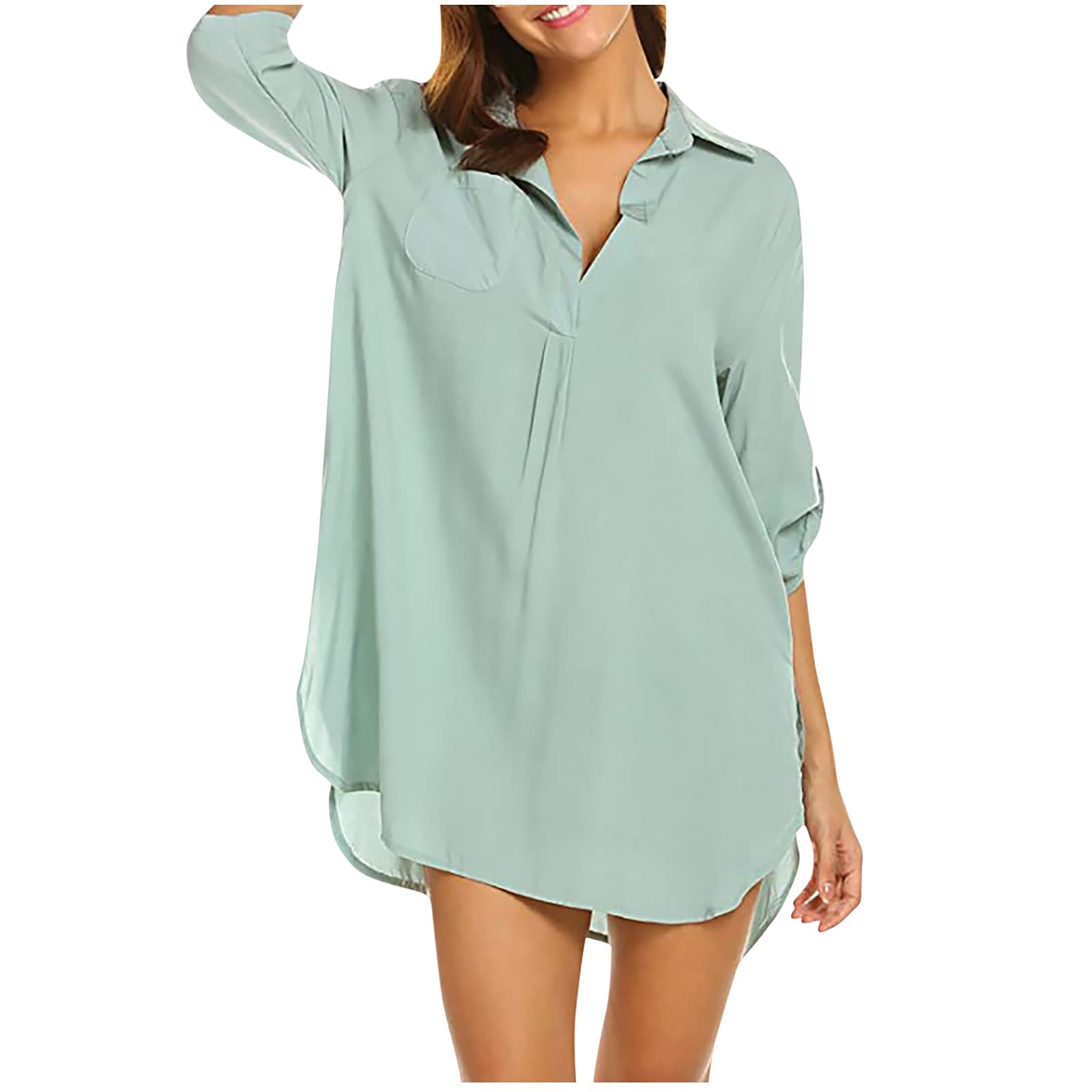 Miximx Women's Summer V-Neck Short Sleeve Solid Color Shirt Dress with Pockets - Casual Beach Dress with Asymmetrical Hem for Vacation, Party & Everyday Wear