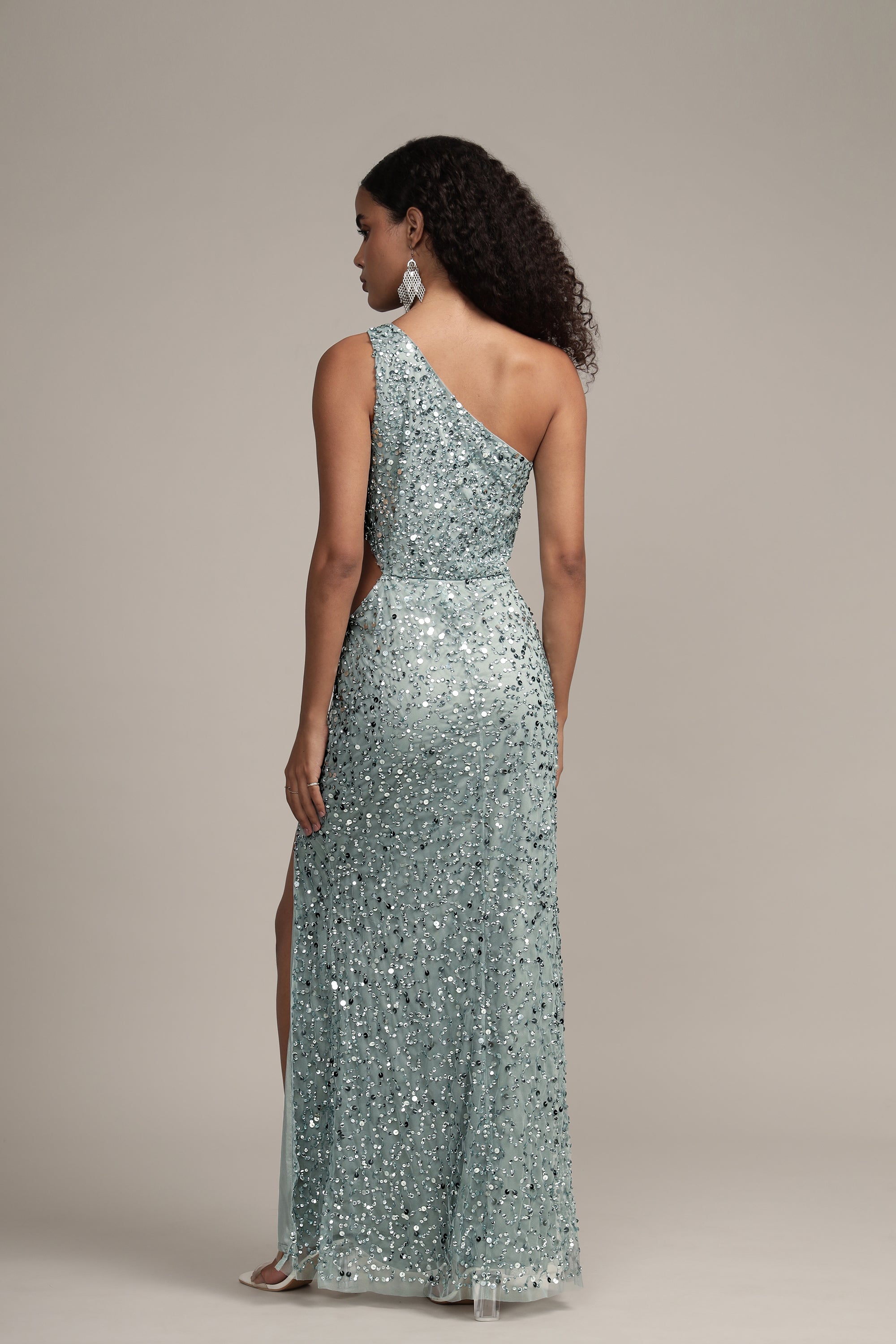 Elegant One Shoulder Sequin Dress in Teal | Naeve Women's Formal Gown for Evening Parties, Prom & Special Occasions