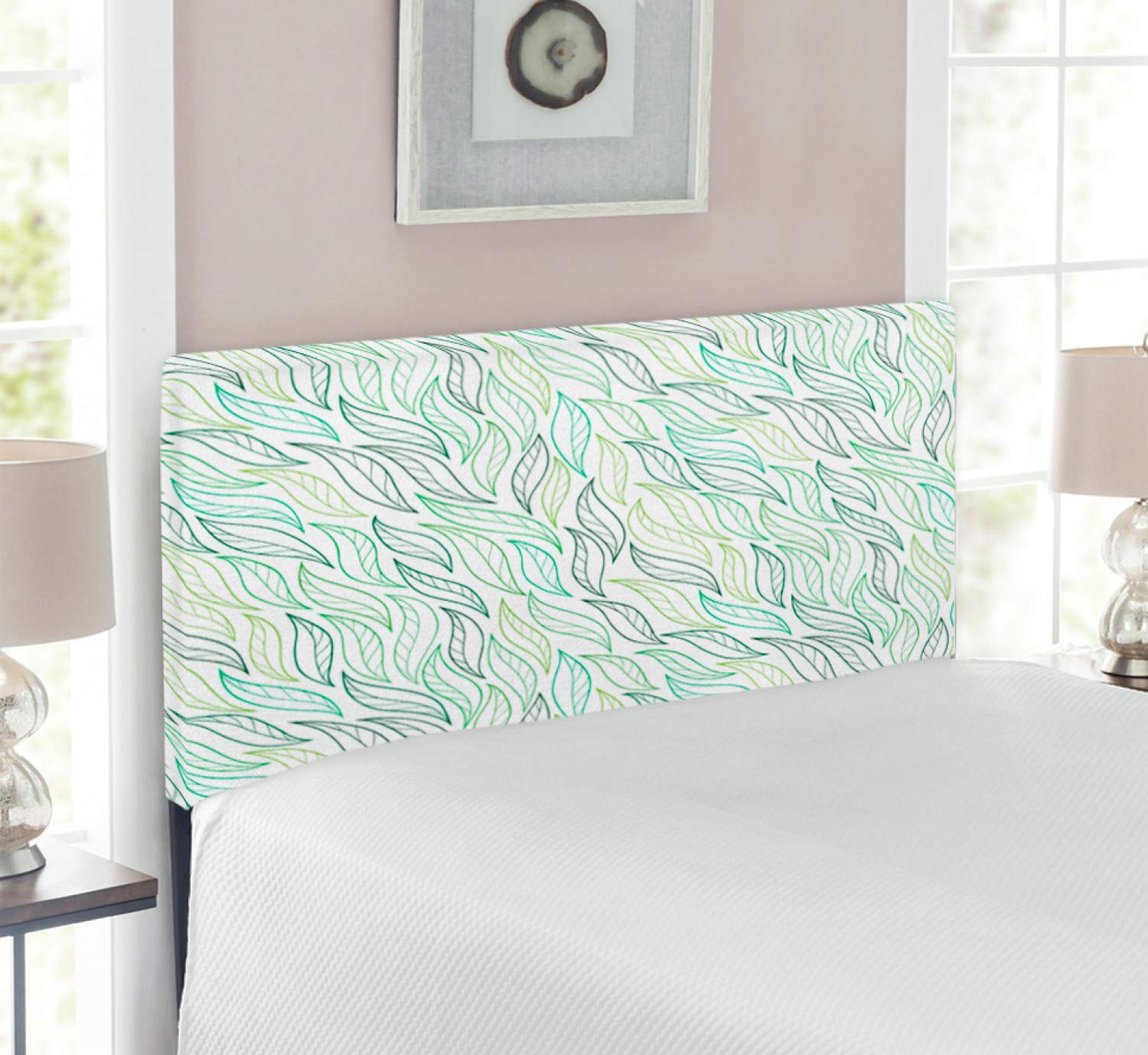 Ambesonne Floral Leaf Pattern Upholstered Headboard - Contemporary Metal Bed Headboard with Memory Foam, Twin Size in Pale Green & Navy Blue - Perfect for Modern Bedroom Decor & Guest Room Styling