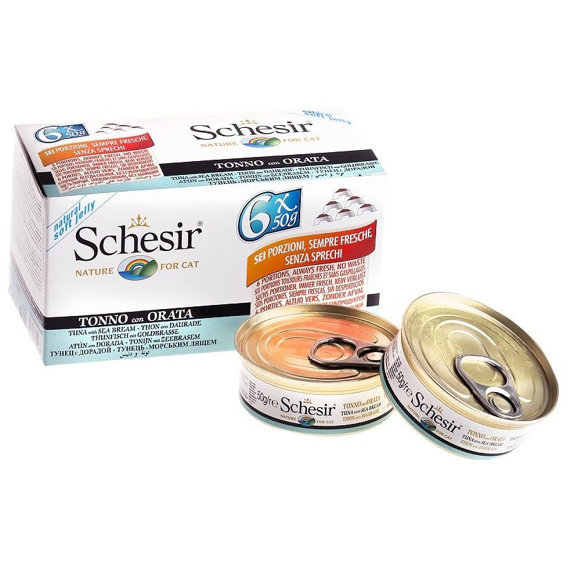 Premium Schesir Cat Wet Food Multipack (6x50g) - Tuna, Beef, Chicken & Seabass Flavors - Grain-Free, High Protein, Natural Ingredients for Adult & Senior Cats - Perfect for Mealtime, Travel & Treats