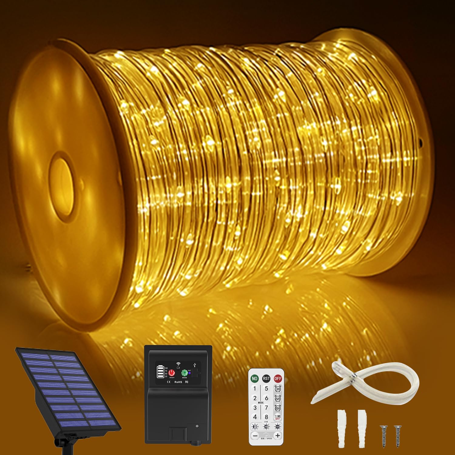1000 LED Solar Rope Lights 164FT Waterproof Outdoor String Lights - 8 Modes, Copper Wire Fairy Lights for Christmas, Garden, Fence, Yard, Party, Pool & Wedding Decorations (Yellow) | Perfect for Backyard Lighting, Holiday Displays & Evening Ambiance