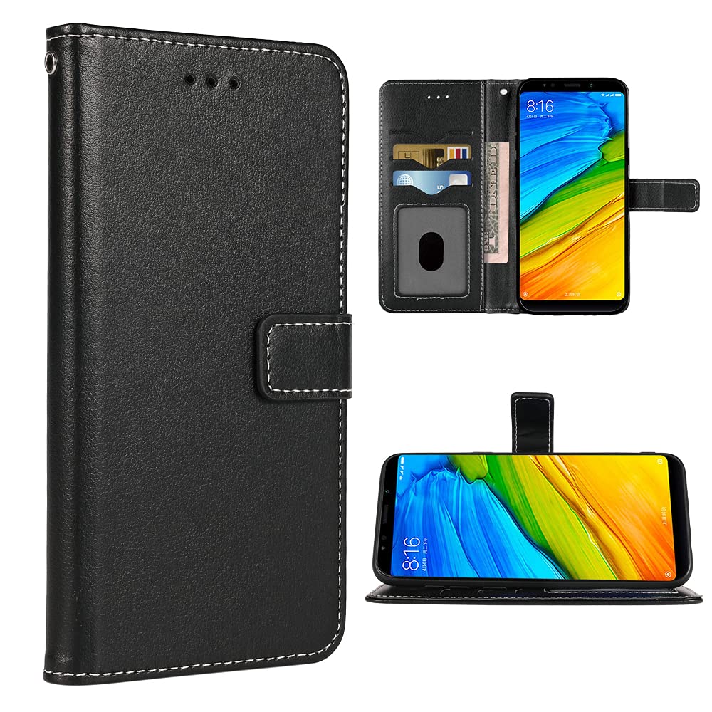 Xiaomi Redmi Note 5 Wallet Case - Leather Flip Cover with Card Holder, Wrist Strap & Stand | Compatible with Redmi Note 5 | Perfect for Daily Use, Travel & Hands-Free Viewing (Black)
