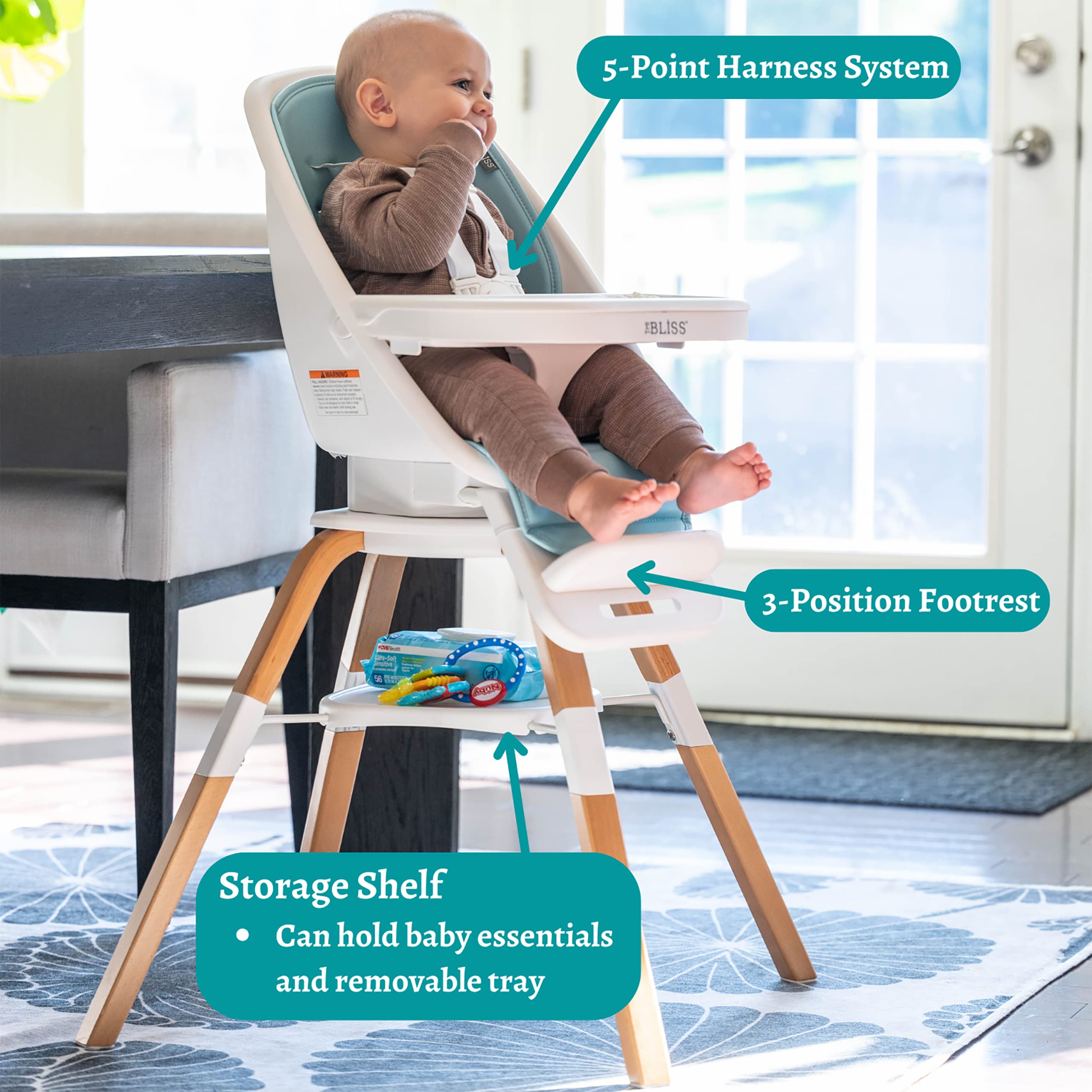 TruBliss Turn-A-Tot 2-in-1 Portable Wooden High Chair for Babies & Toddlers | 360° Swivel Design with Adjustable Footrest | Removable Dishwasher-Safe Feeding Tray | Perfect for Home, Restaurant & Travel Use (Sky Blue)