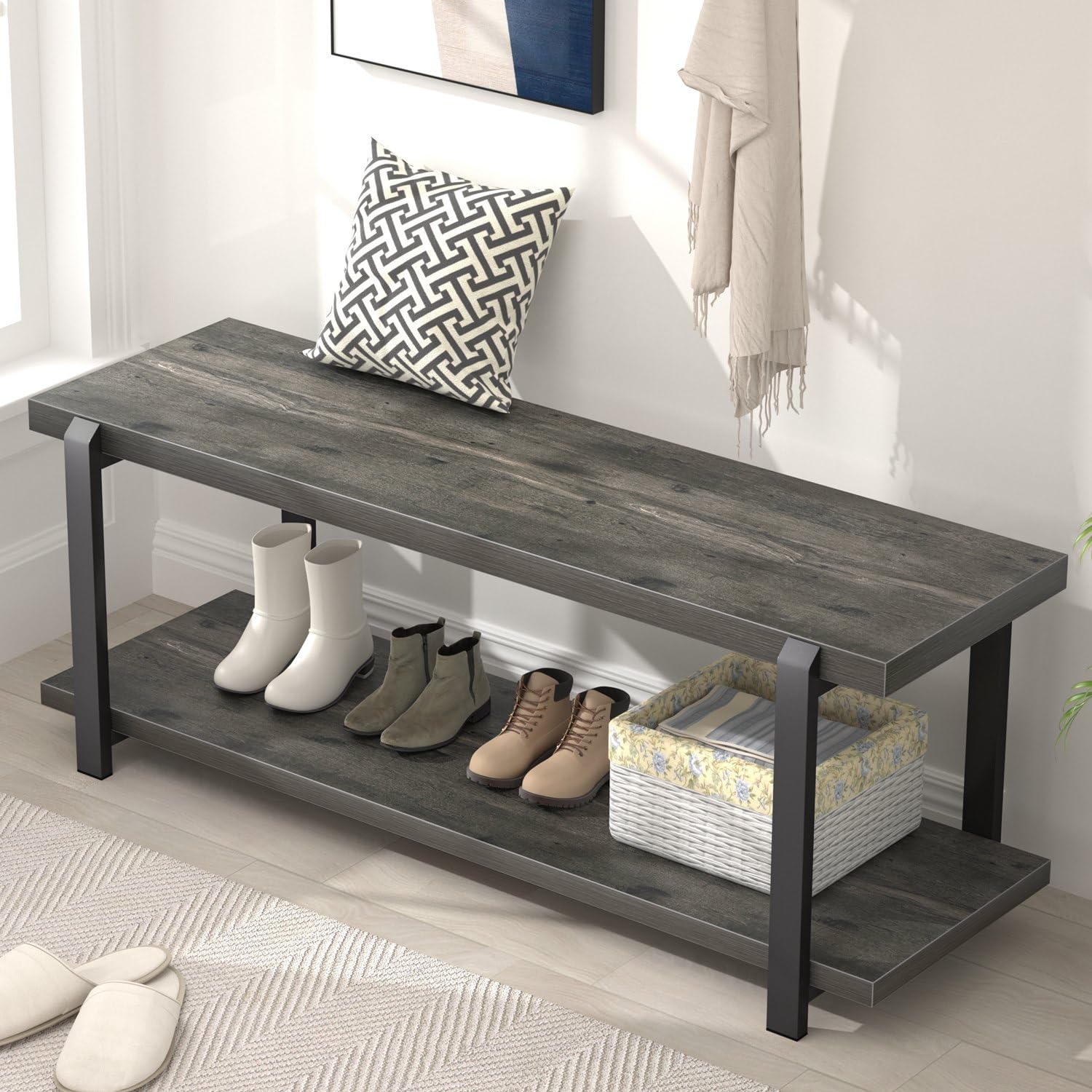 EXCEFUR 47 Inch Shoe Bench with Storage - Rustic Wood & Metal Entryway Bench, Shoe Rack & Seat for Hallway, Mudroom & Living Room Organization