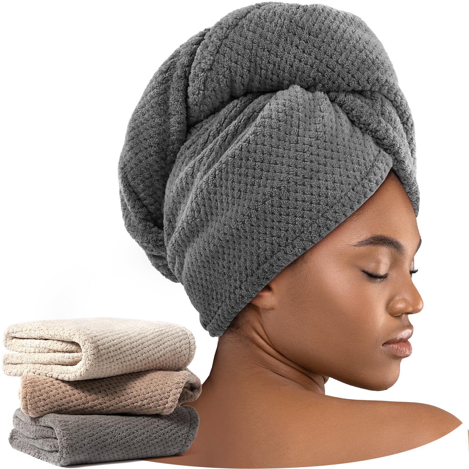Umisleep 3 Pack Microfiber Hair Towel Wrap for Curly Hair - Super Absorbent Hair Drying Towel for Women & Kids - Soft Hair Care Accessories - Hair Turban for Wet Hair (Grey, Camel, Brown) - Perfect for Post-Shower, Salon & Travel Use