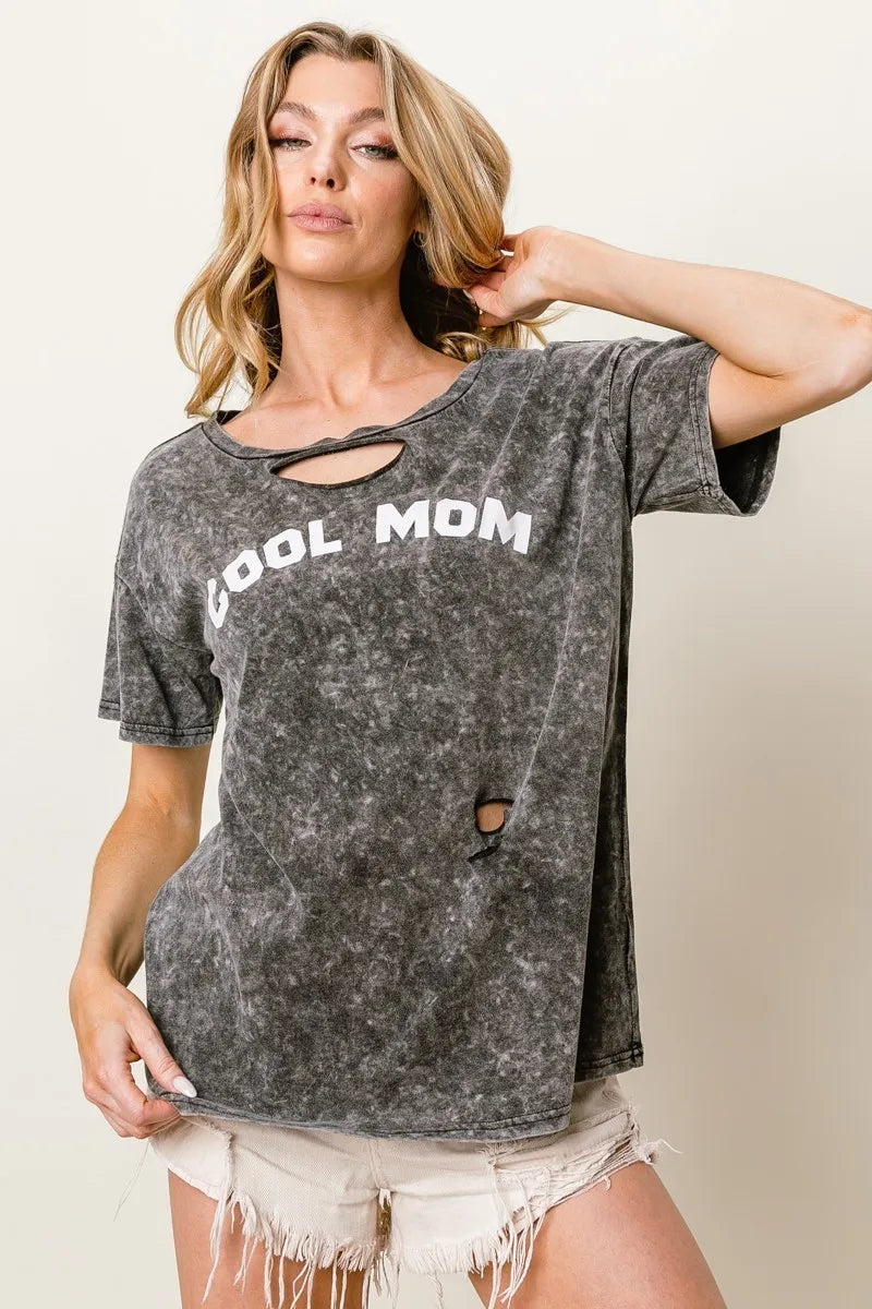 Stylish BiBi Washed Laser Cut Detail Cool Mom Print Top - Trendy Women's Casual T-Shirt for Everyday Wear, Outings & Family Gatherings