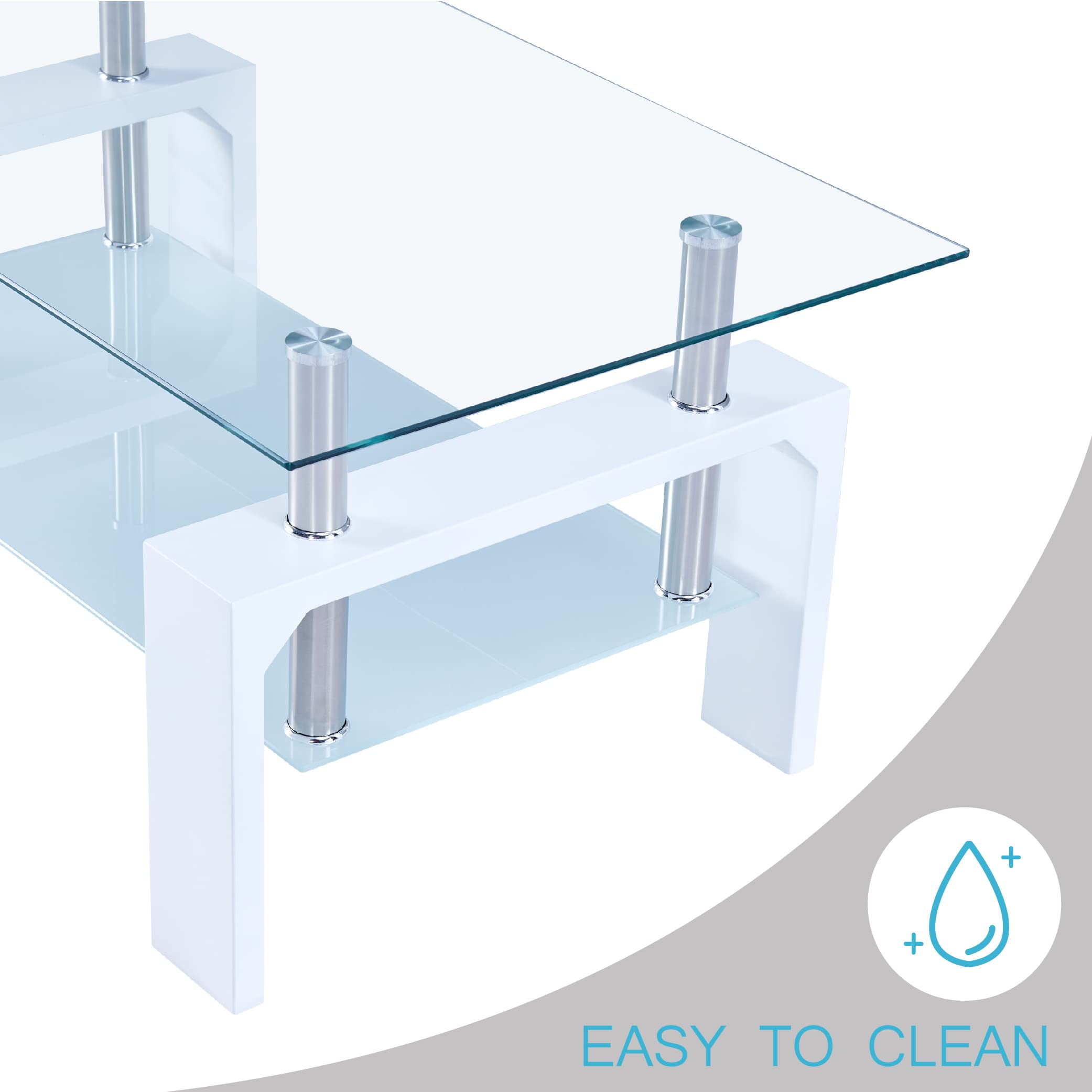 Modern White Rectangle Coffee Table with Glass Top & Wooden Legs - 39.5