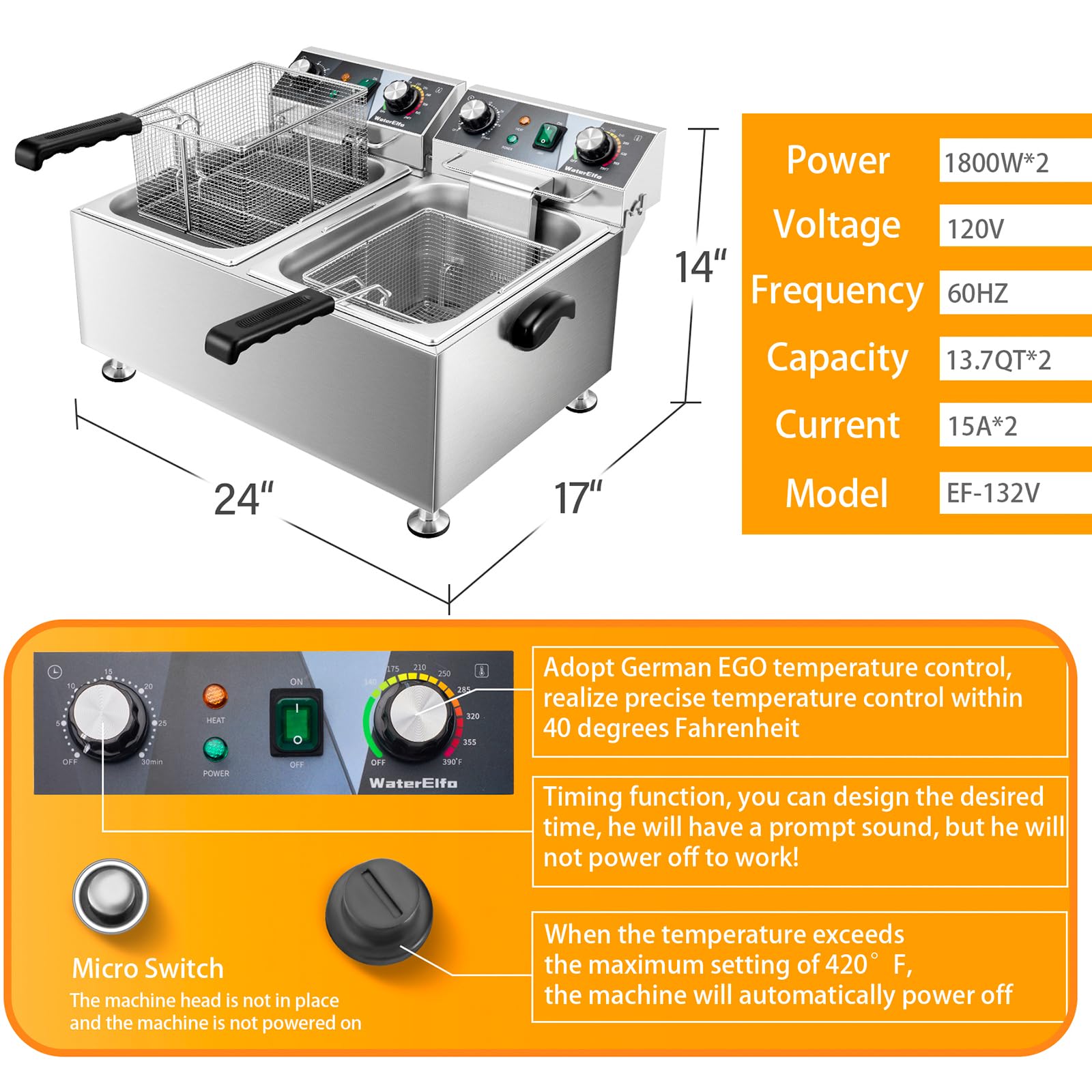 Commercial Deep Fryer 13L x 2 (13.7Qt x 2) with Precise Temperature Control & Timer - 1800W x 2, 120V Countertop Restaurant Fryer with 2 Baskets - Perfect for Fast Food, Chicken Wings, French Fries, and Seafood Cooking