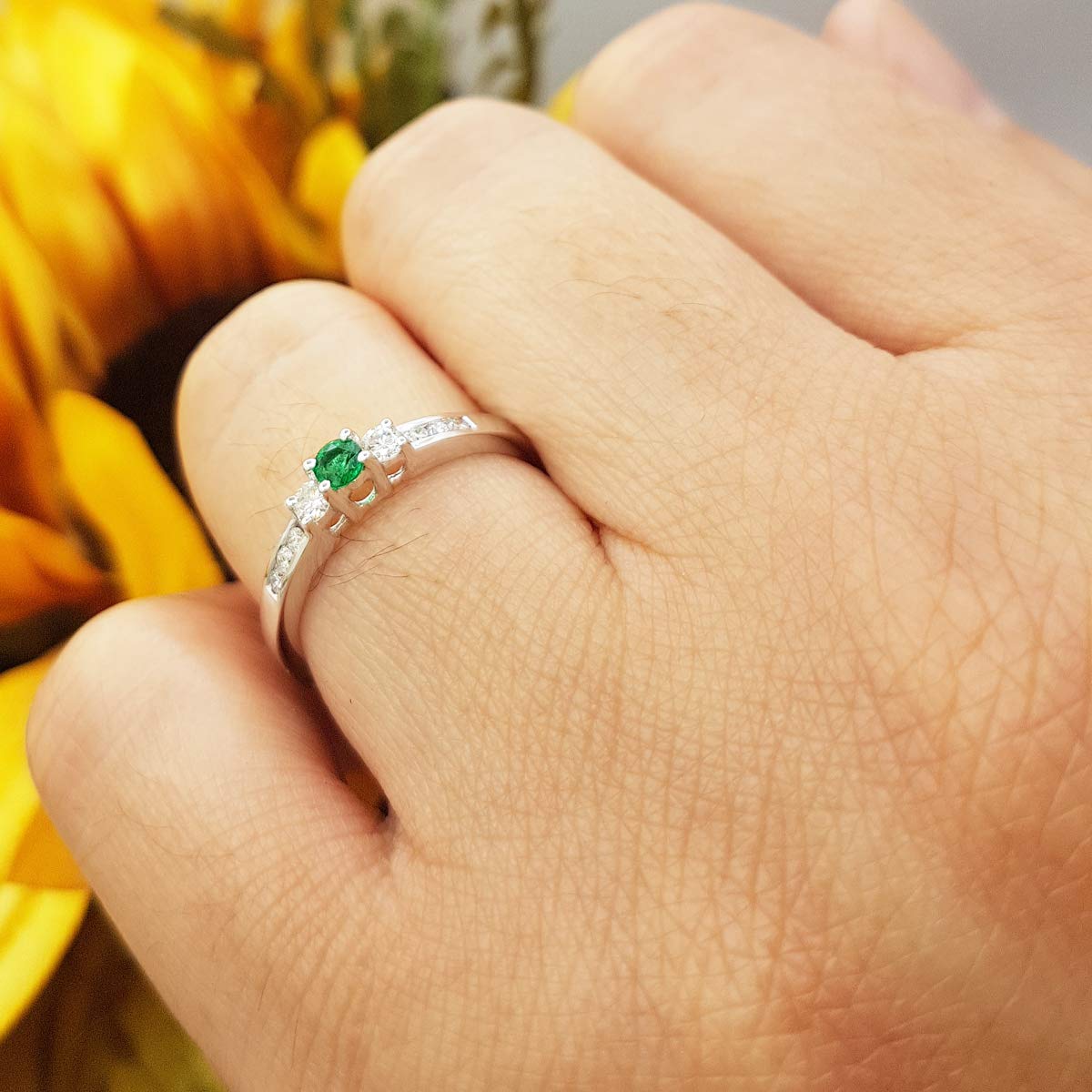 Dazzlingrock Collection 18K Solid White Gold Round Emerald & White Diamond 3 Stone Engagement Ring for Women - Perfect for Bridal, Wedding & Anniversary Gifts