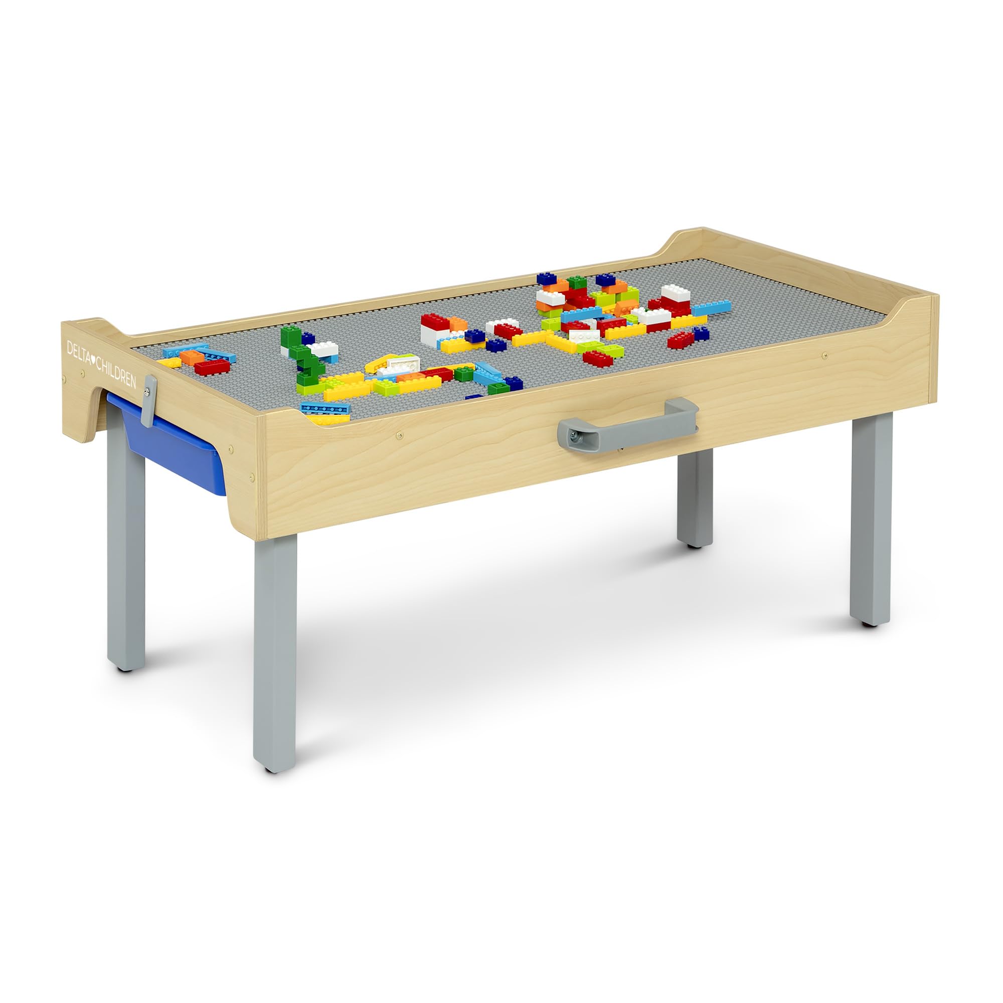 Delta Children Play N Store Building Bricks Play Table with 100+ Bricks - Large LEGO-Compatible Base Plate - Foldable Legs for Storage, Grey - Perfect for Kids Playroom, Preschool Learning & Creative Building Activities