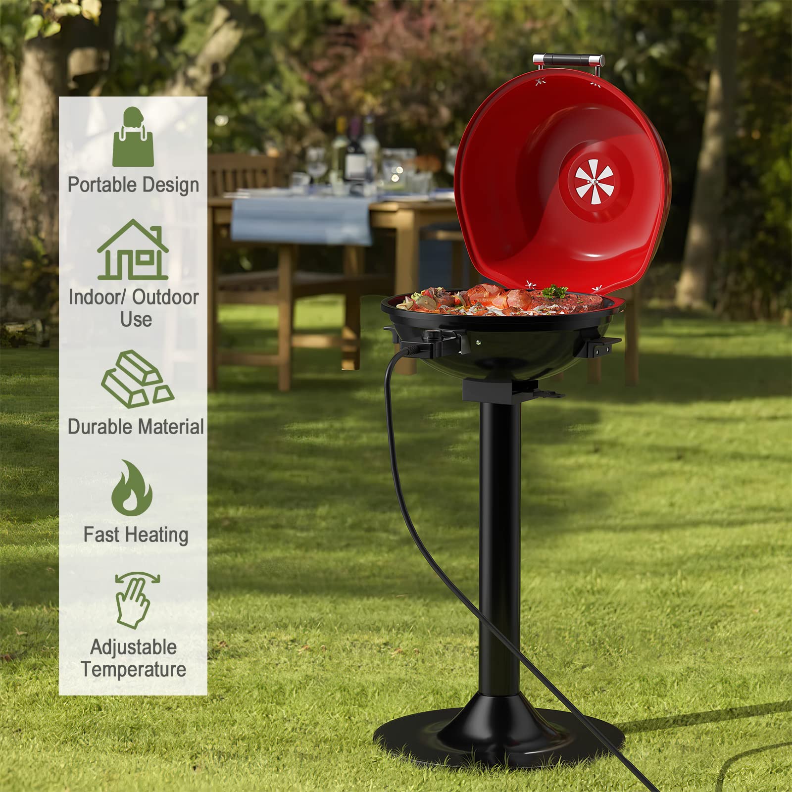 Giantex 1600W Electric Grill Indoor & Outdoor, Portable BBQ Grill with Removable Non-Stick Griddle, Adjustable Temperature Control & Oil Drip Pan - Perfect for Picnic, Camping, Backyard Cooking, Tailgating & Home Use (Red)
