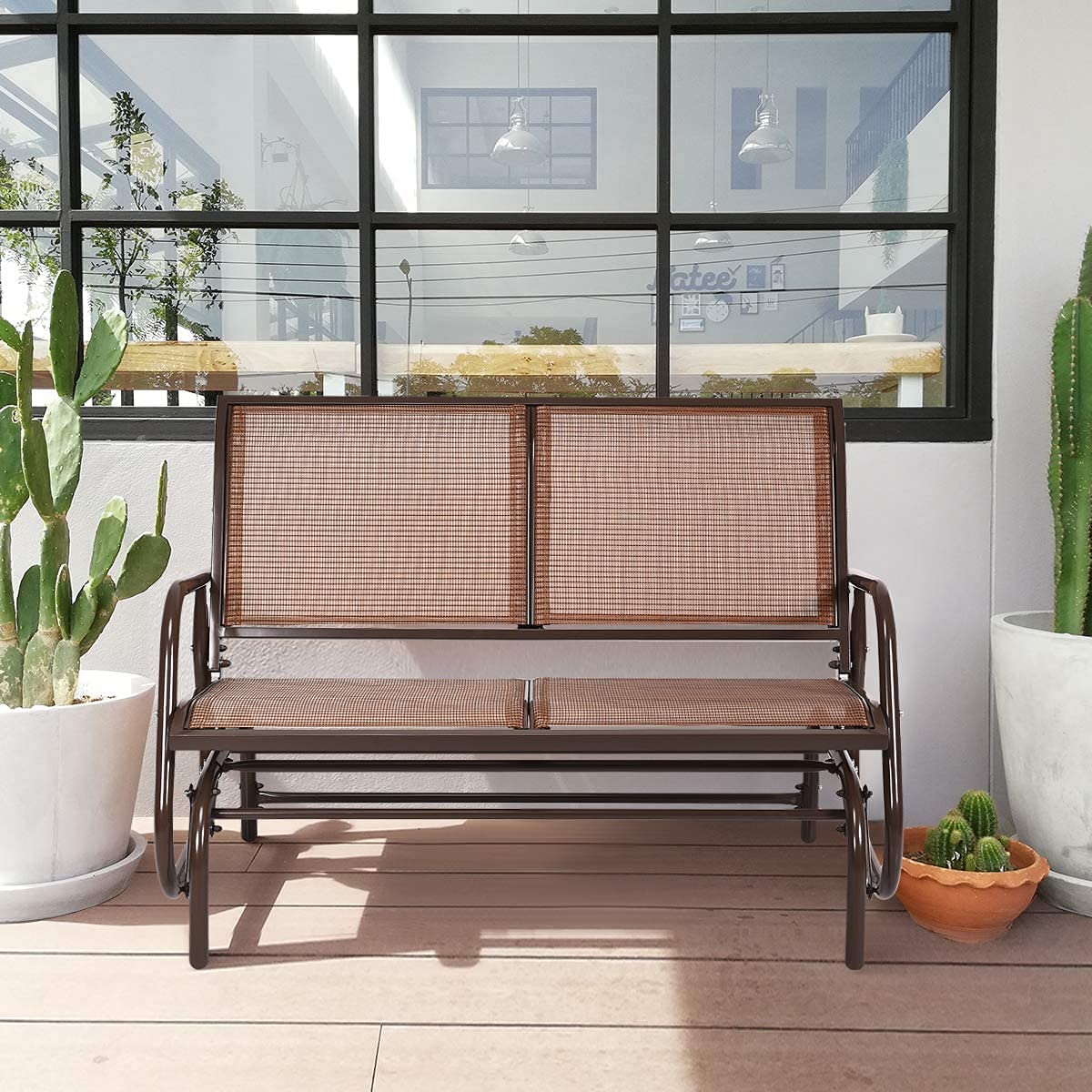 LUARANE Heavy-Duty 2-Person Outdoor Swing Glider Chair with Steel Frame - Double Seat Rocking Bench for Backyard, Garden, Poolside & Lawn Relaxation (Brown) | Perfect for Porch Swinging, Patio Lounging and Outdoor Leisure Time