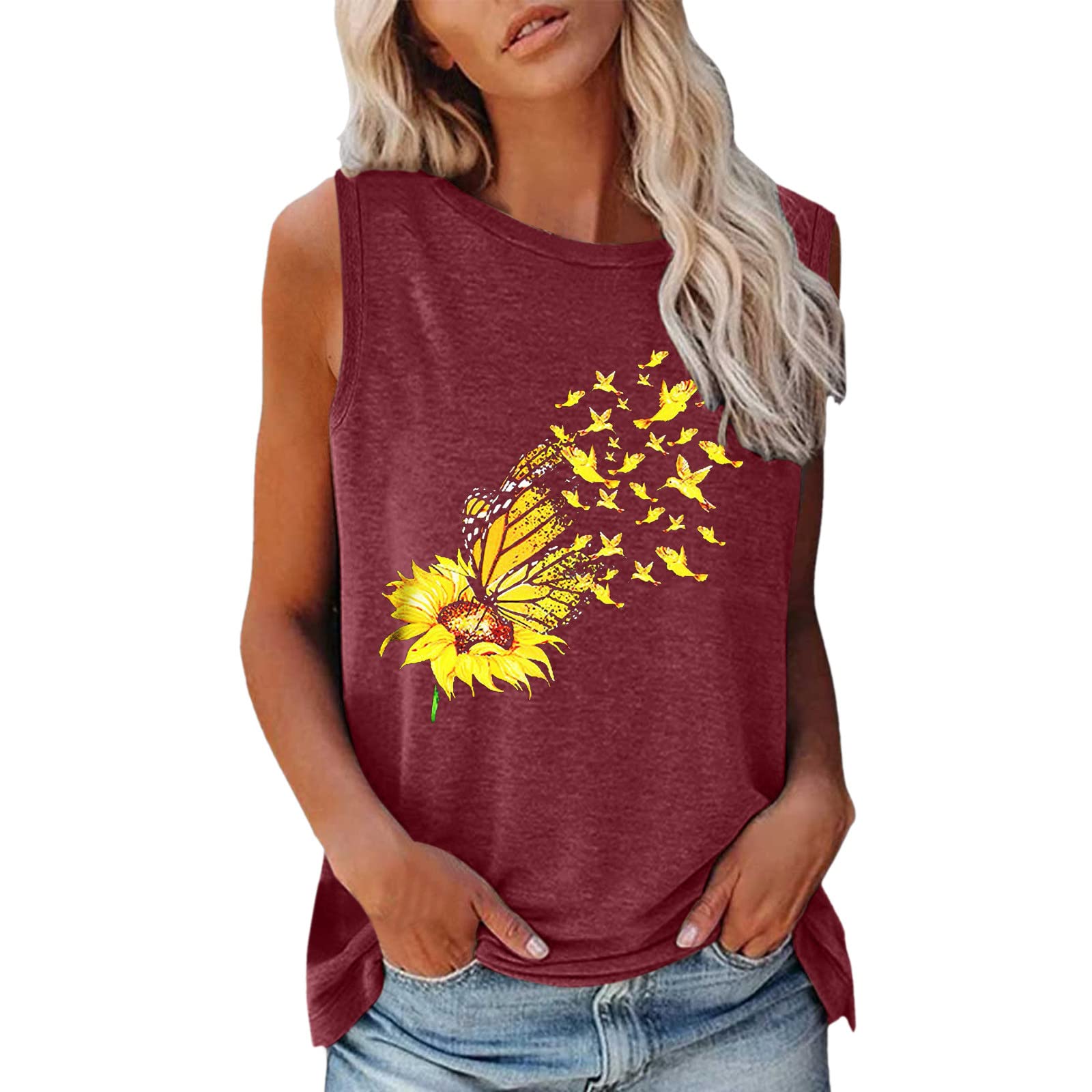 Women's Summer Sleeveless V-Neck Sunflower Print Tank Top - Casual T-Shirt Blouse & Camisole for Girls | Perfect for Beach, Pool Party & Summer Outings