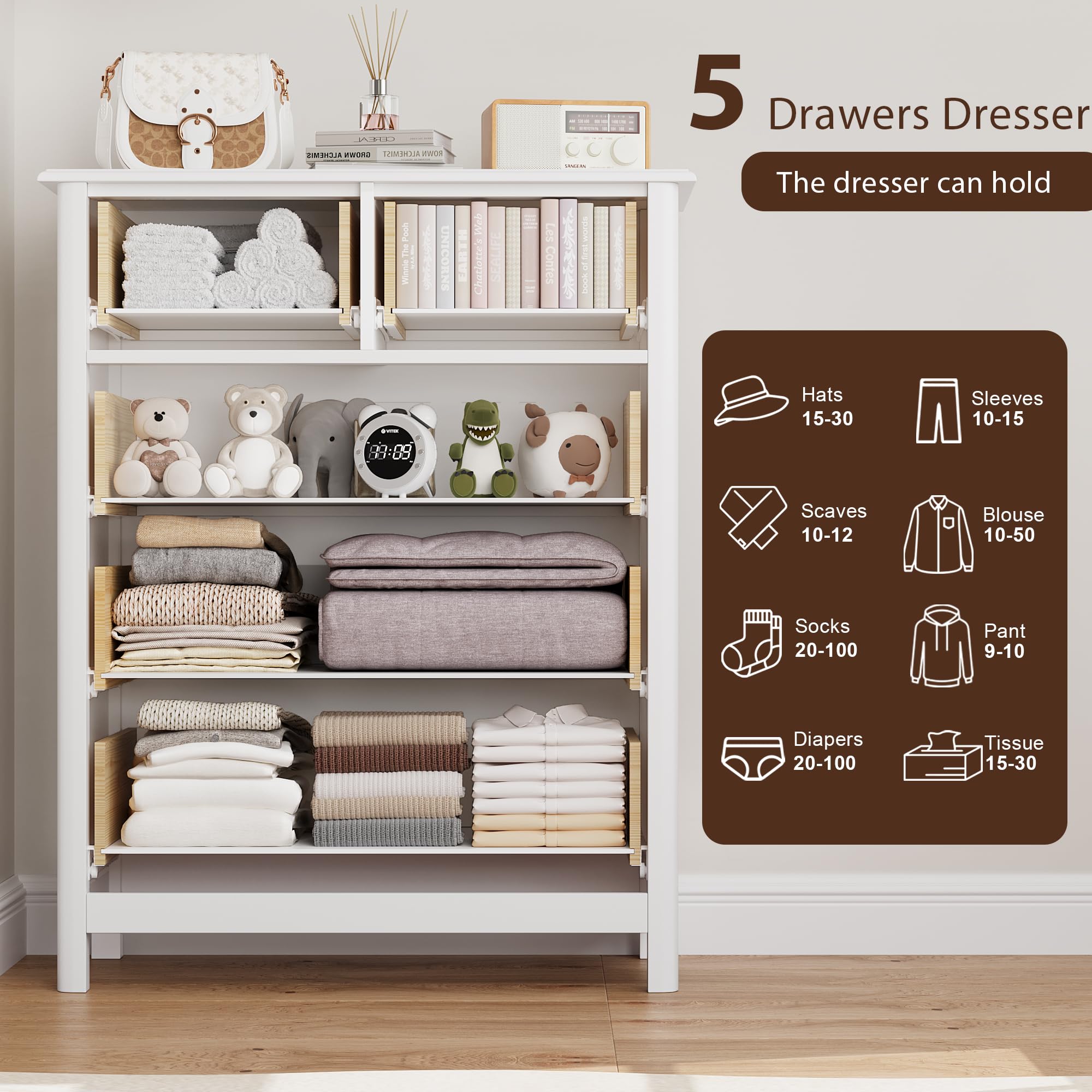 HOUSUIT 5-Drawer Tall Dresser - White Wooden Storage Cabinet with Deep Drawers for Bedroom, Living Room, Office & Hallway | Perfect for Clothes, Linens & Home Organization