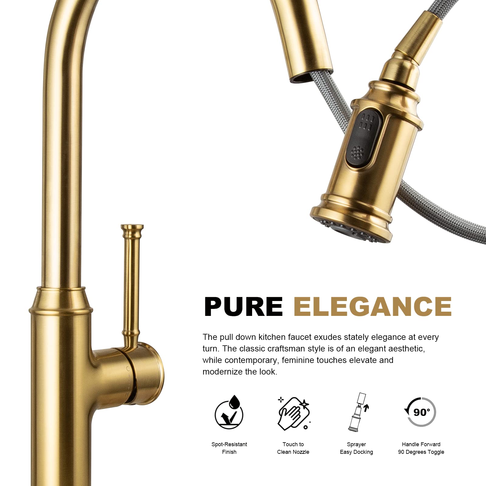 Brushed Gold Kitchen Faucet with Pull Down Sprayer - Single Handle Brass Sink Faucet for 1 or 3 Hole Installation (Deck Plate Included) - Perfect for Modern Farmhouse & Luxury Kitchen Renovations - Model KF421-SG