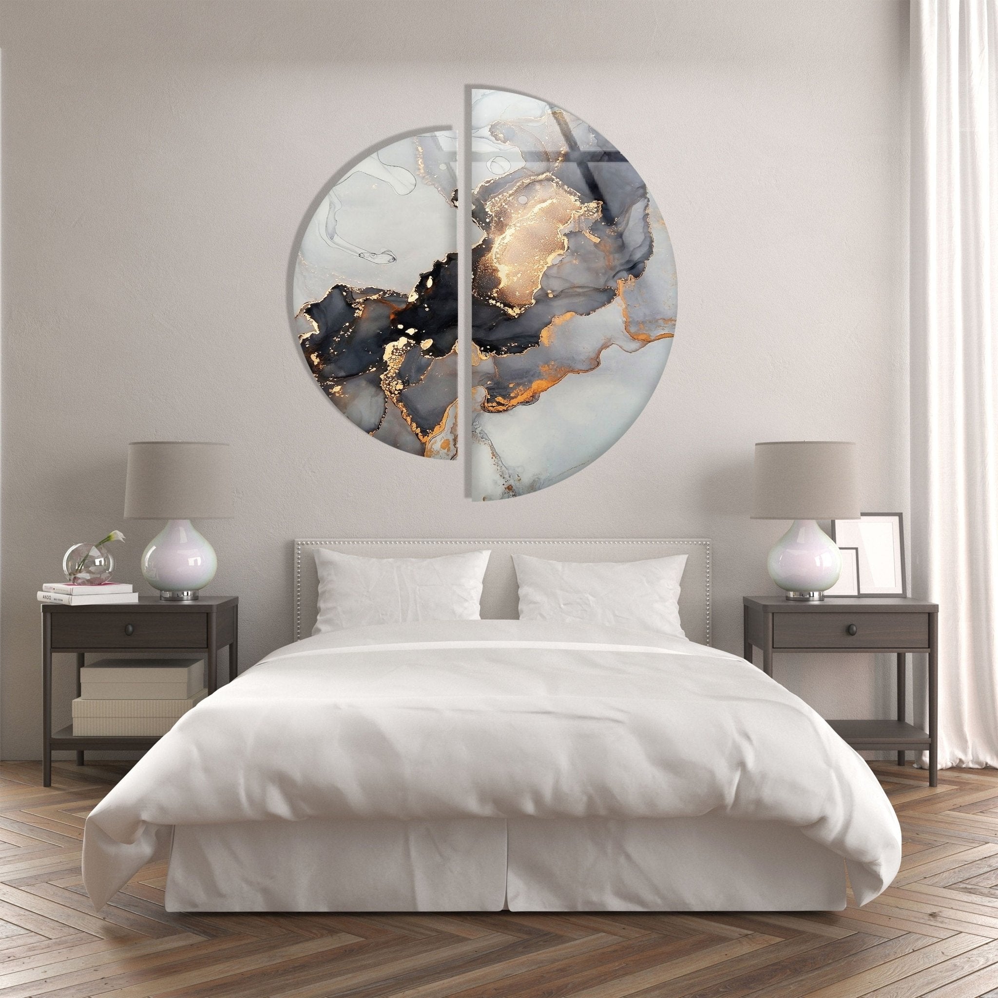 2 Piece Grey Golden Marble Glass Wall Art Set - Modern Abstract Home Decor for Living Room, Bedroom, Office - Shatterproof Tempered Glass Hanging Decor