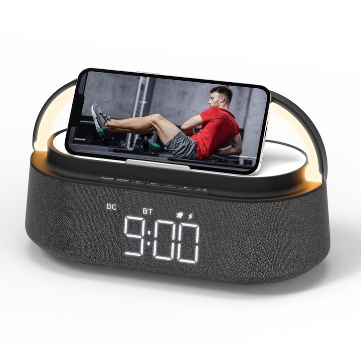 FREEFISH Bluetooth Speaker with Wireless Charger - 15W Fast Charging, FM Radio, Adjustable LED Night Light, Dual Wireless Pairing, Bluetooth 5.0 - Perfect for Home, Office, Travel & Outdoor Adventures