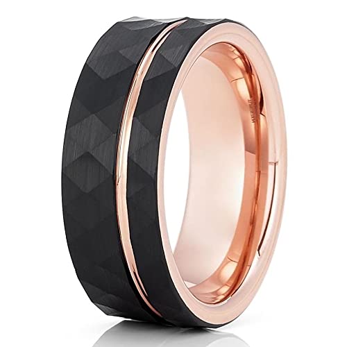 8mm Rose Gold Tungsten Carbide Wedding Band for Men - 18K Rose Gold & Black Hammered Finish - Durable & Scratch-Resistant Ring for Weddings, Anniversaries & Special Occasions