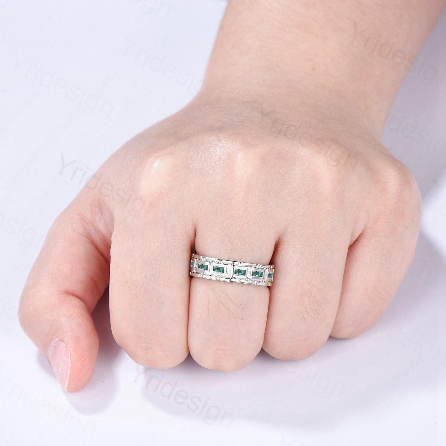 Men's Baguette Moss Agate Wedding Band - Unique 7 Stone Green Agate Stackable Ring - 4mm Vintage Matching Band - Retro Jewelry Gift for Him - Perfect for Anniversaries, Engagements & Special Occasions