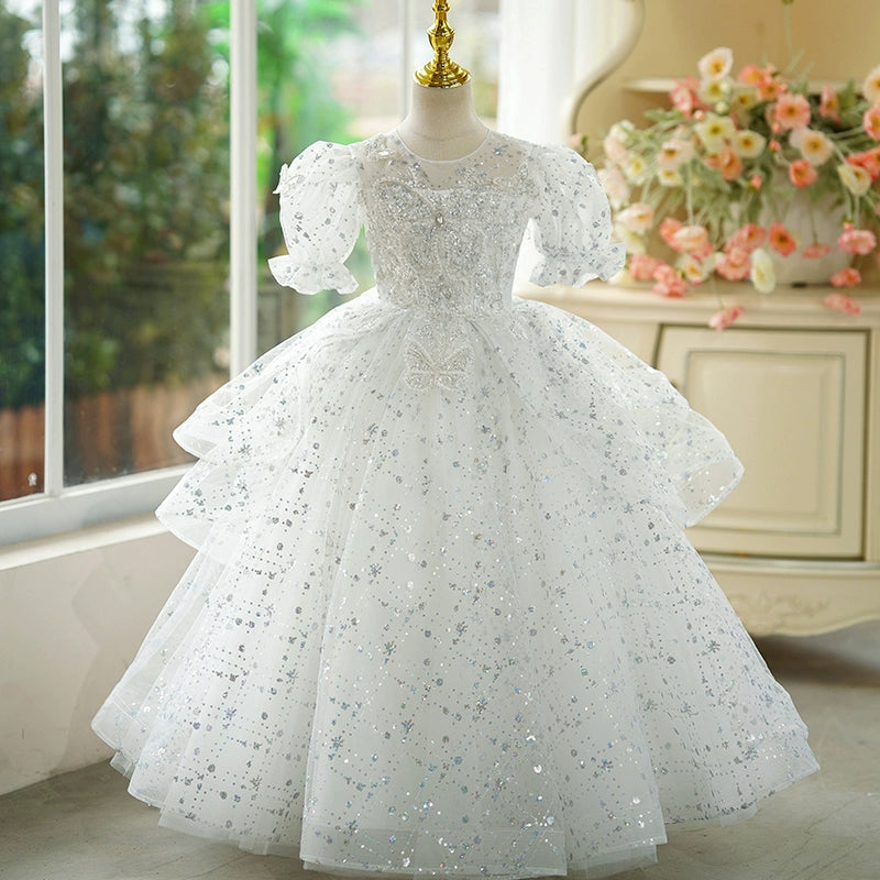 Elegant White Sequin Baptism Dress for Baby Girls | Toddler Ball Gown | Perfect for Christening, First Communion & Special Occasions
