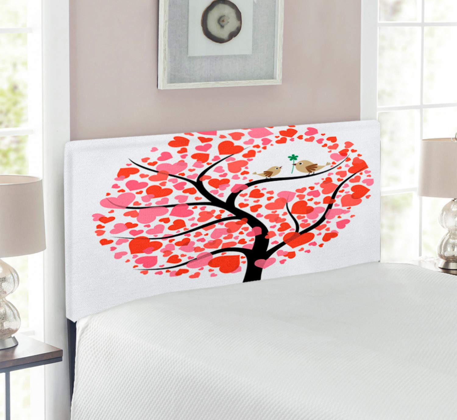 Ambesonne Upholstered Metal Headboard with Memory Foam - Twin Size Birds in Tree Nature Romance Print, Red White Black - Perfect for Bedroom Decor & Cozy Reading Nook