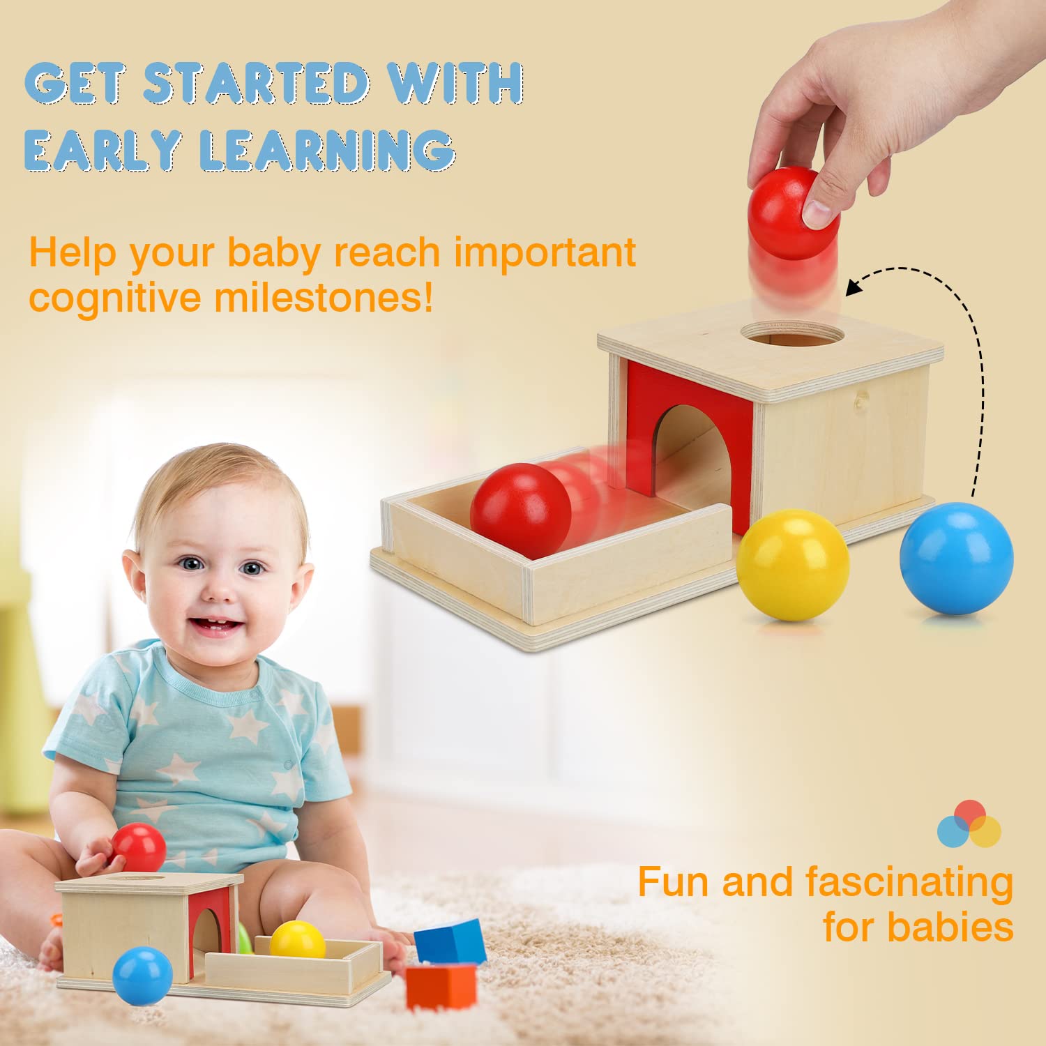 Montessori Wooden Ball Drop Toy Box with Tray & 3 Balls - Object Permanence Learning Toy for Babies 6-12 Months - Early Educational Montessori Baby Toy for Sensory Play & Fine Motor Skills Development - Perfect for Daycare, Homeschooling & Toddler Playtime
